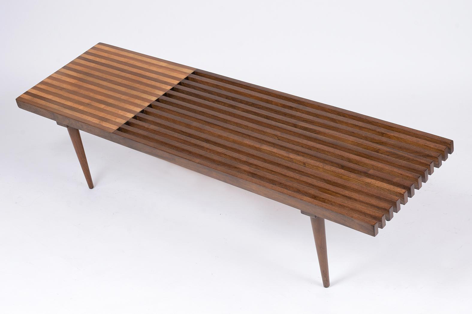 Wood Mid-Century Modern Slatted Bench