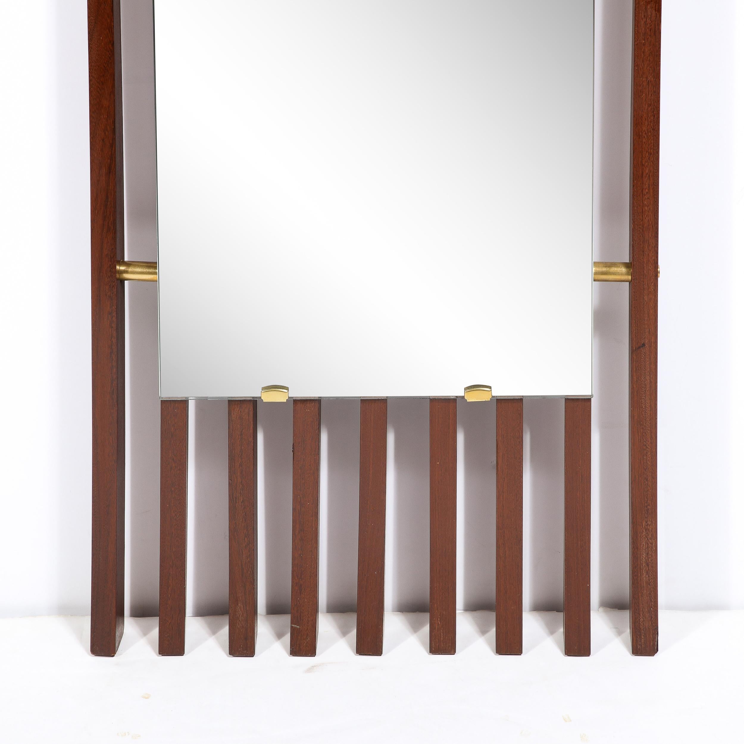 French Mid-Century Modern Slatted Walnut Mirror Joined W/ Brushed Brass