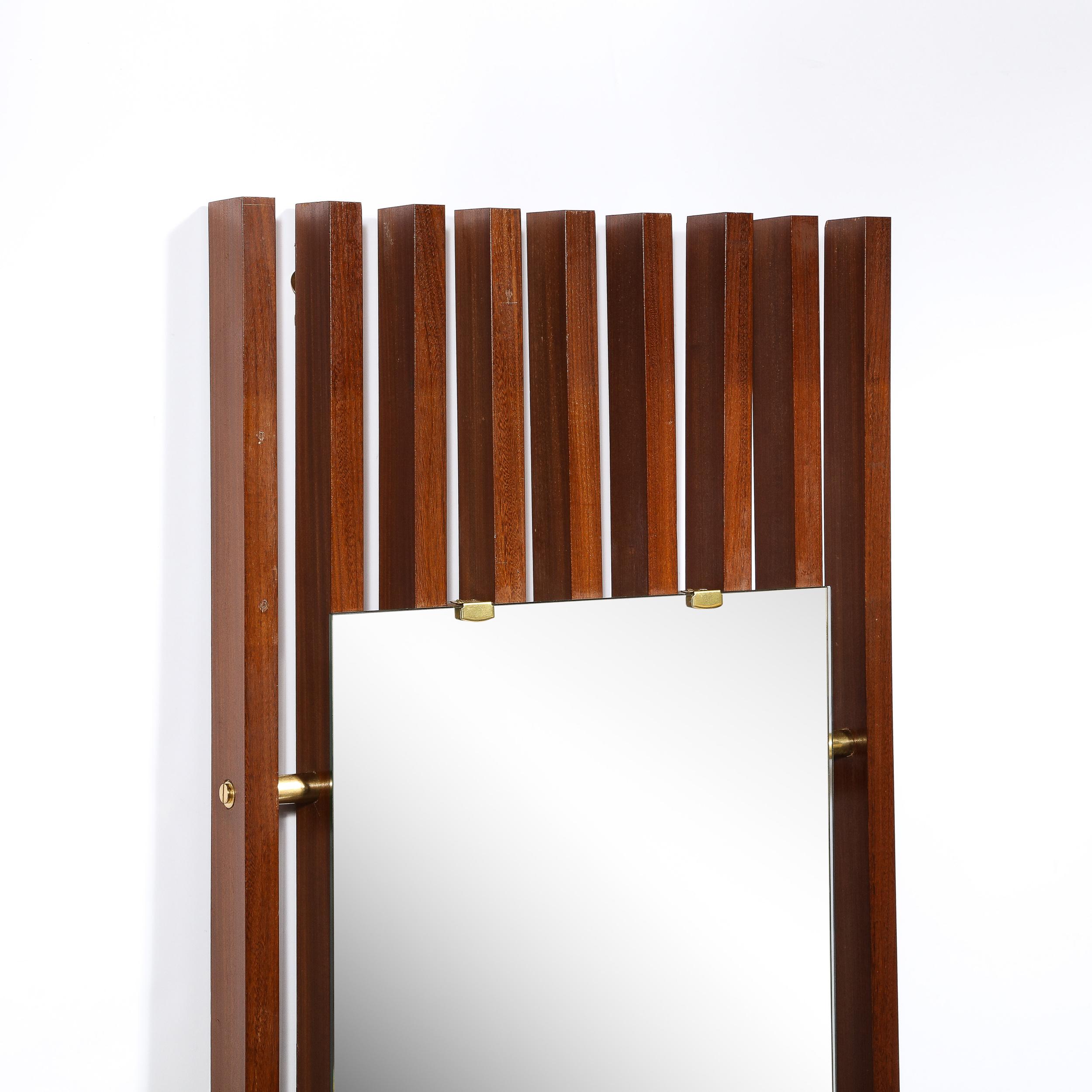 Mid-Century Modern Slatted Walnut Mirror Joined W/ Brushed Brass In Excellent Condition In New York, NY