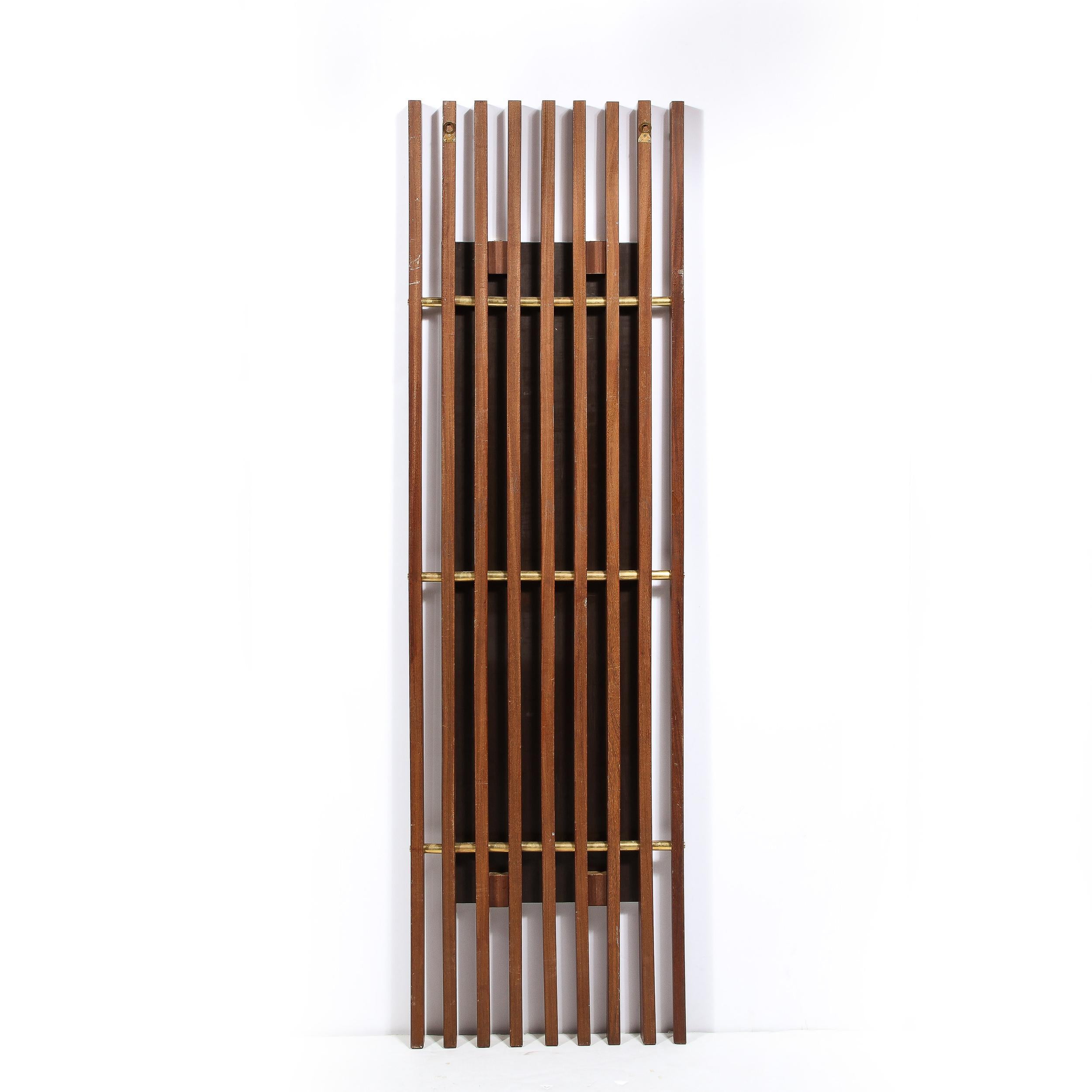 Mid-Century Modern Slatted Walnut Mirror Joined W/ Brushed Brass 1