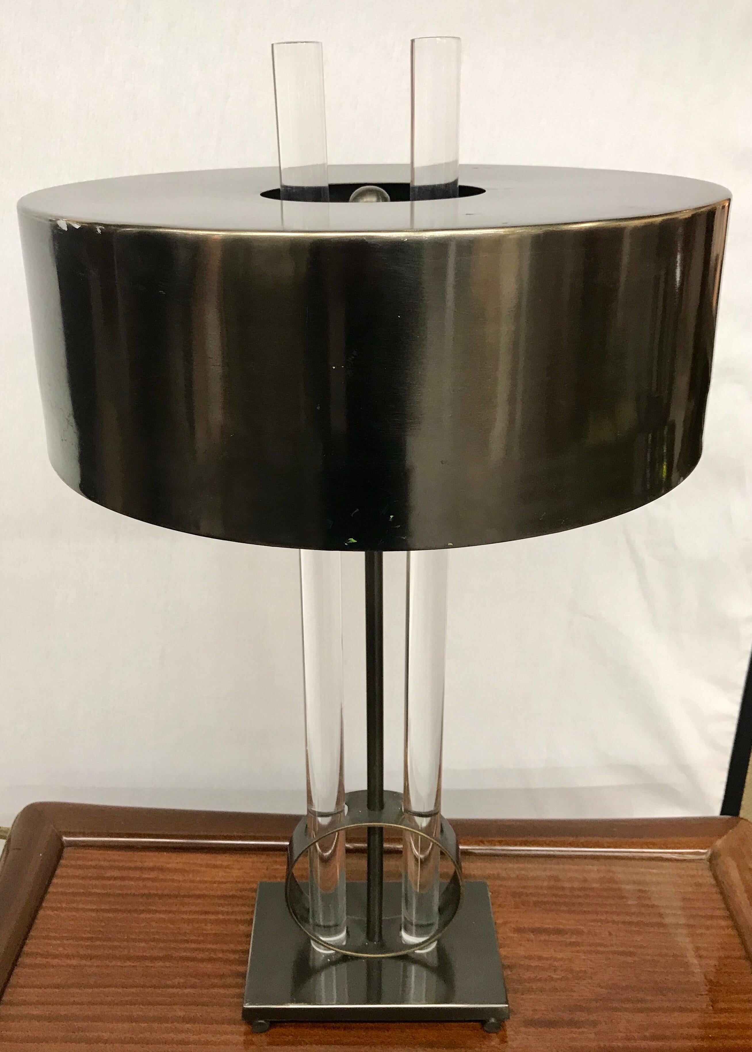 Mid-Century Modern Sleek Black Metal and Lucite Table Lamp 2