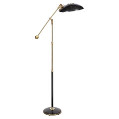 Mid-Century Modern Sleek Brass & Black Enamel Italian Adjustable Arm Floor Lamp