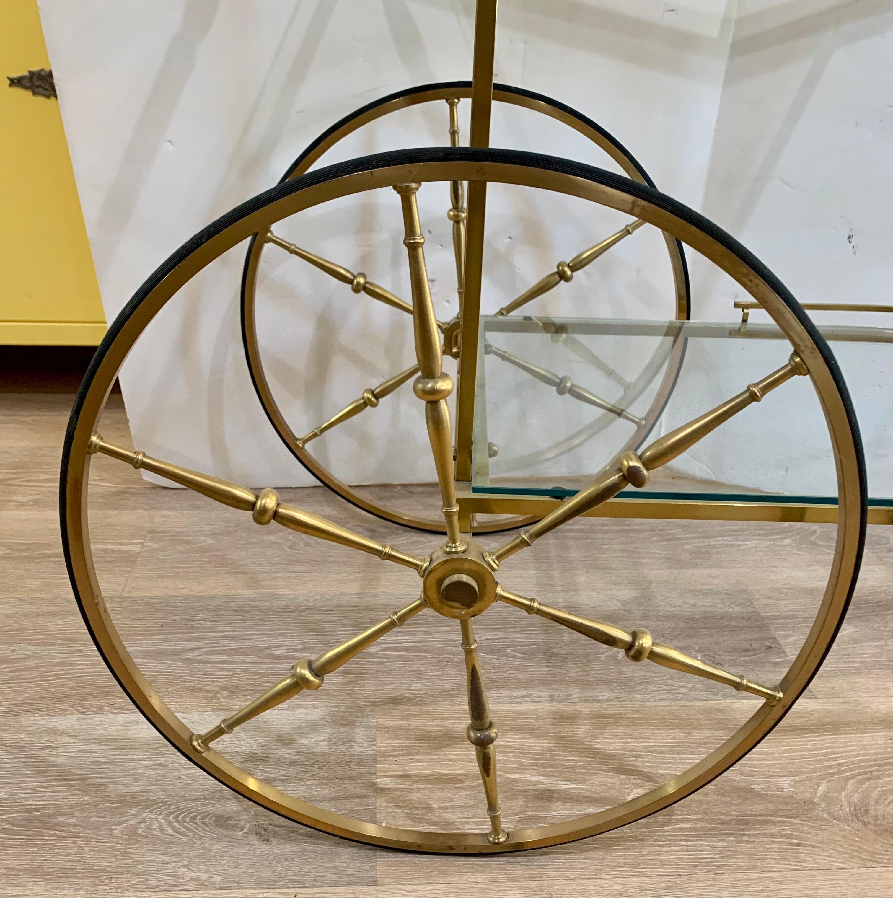 Mid-Century Modern Sleek Rolling Brass and Glass Two-Tier Bar Cart Barcart In Good Condition In West Hartford, CT