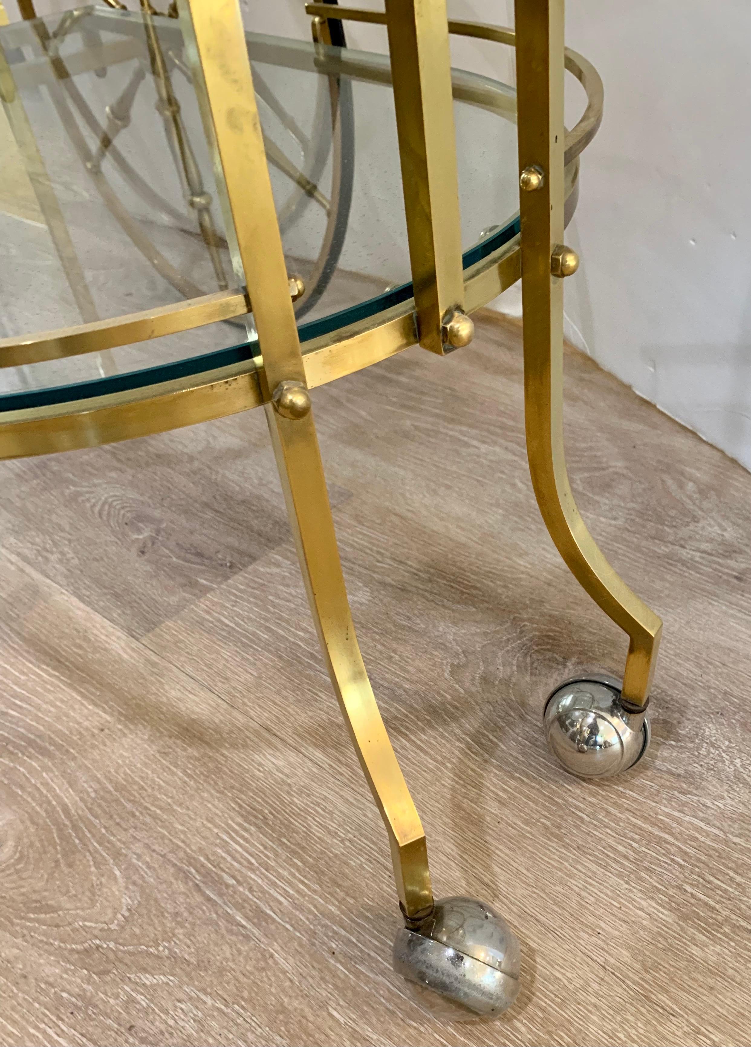 Late 20th Century Mid-Century Modern Sleek Rolling Brass and Glass Two-Tier Bar Cart Barcart