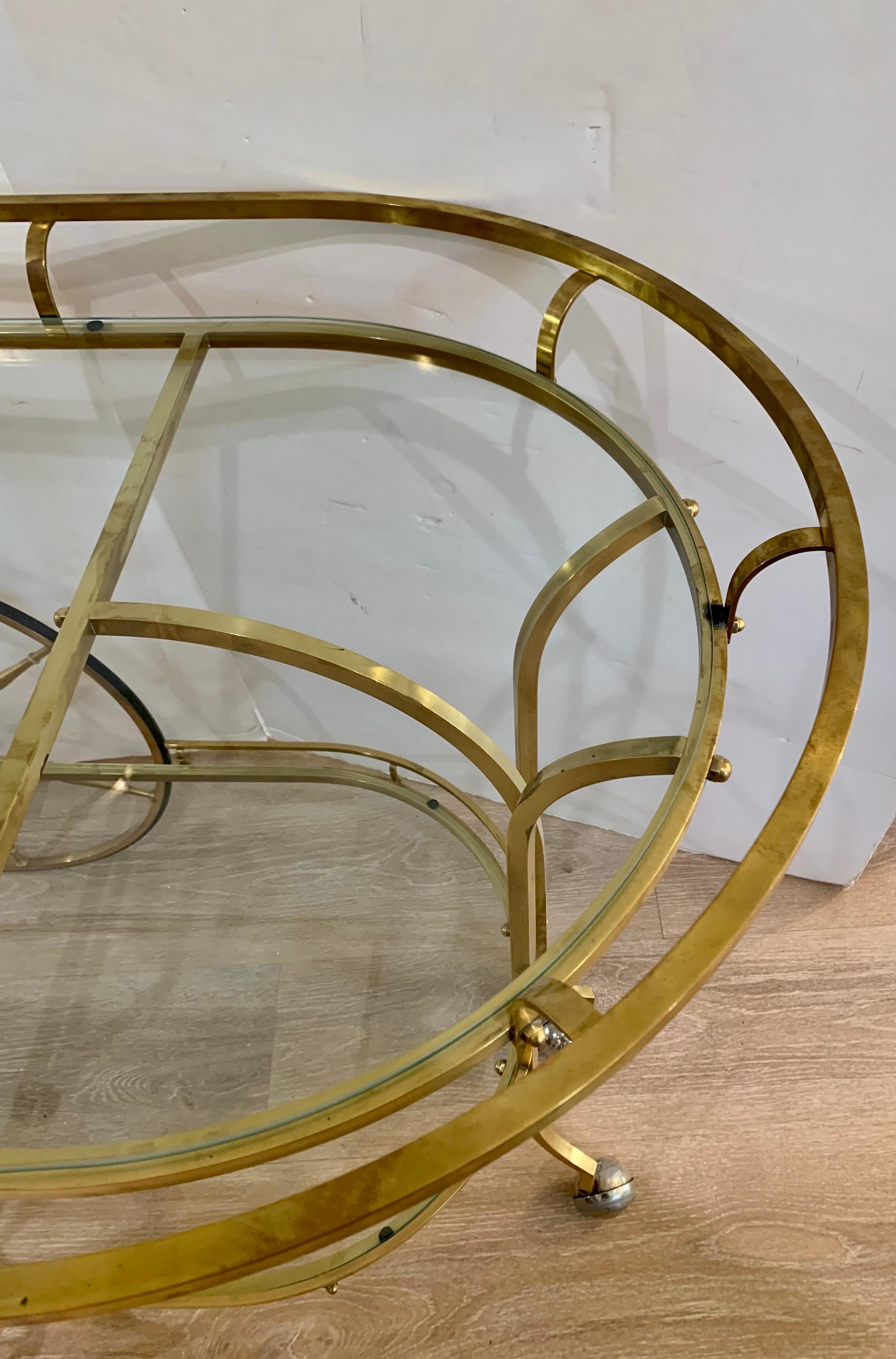 Mid-Century Modern Sleek Rolling Brass and Glass Two-Tier Bar Cart Barcart 1