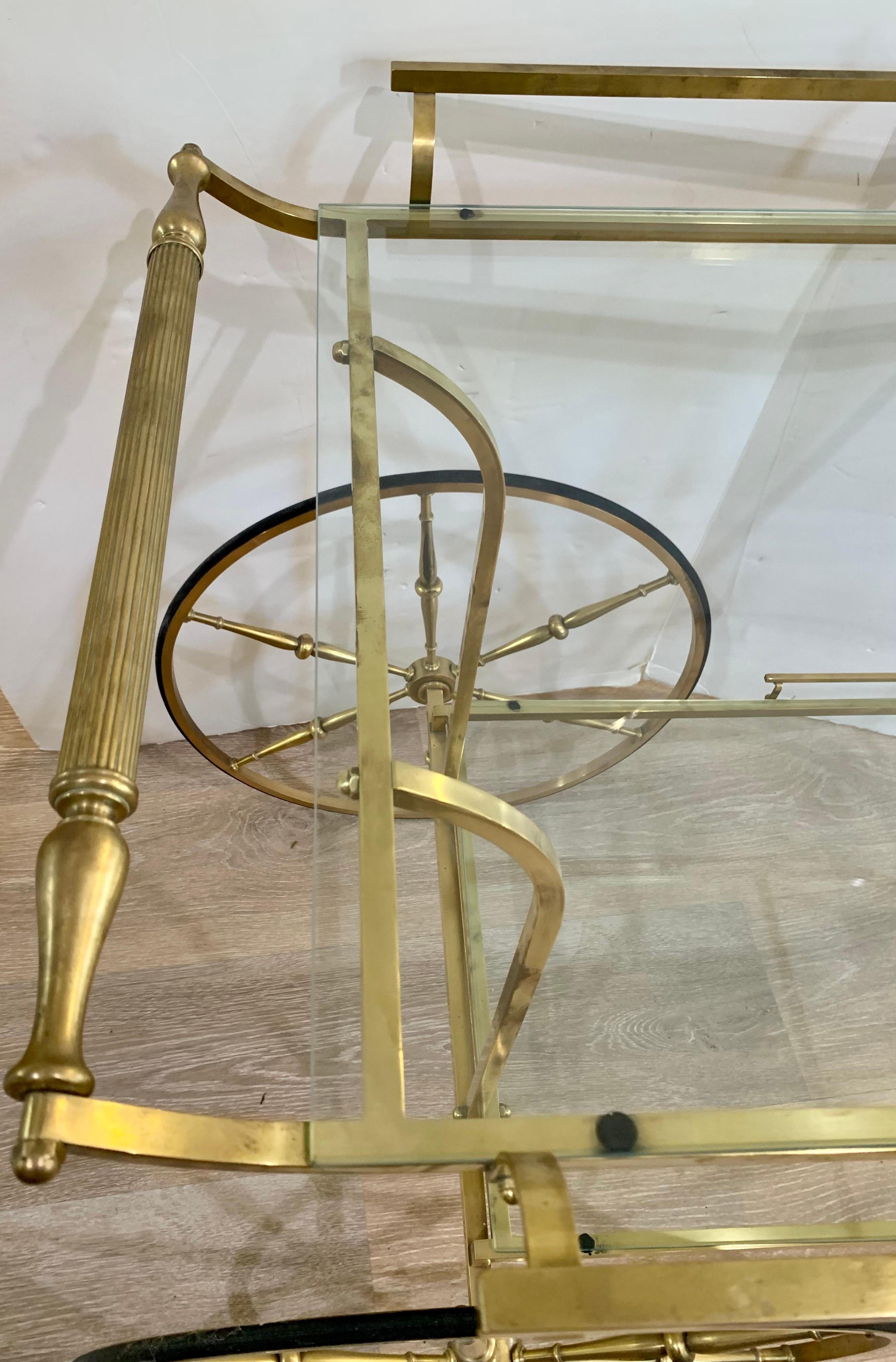 Mid-Century Modern Sleek Rolling Brass and Glass Two-Tier Bar Cart Barcart 2