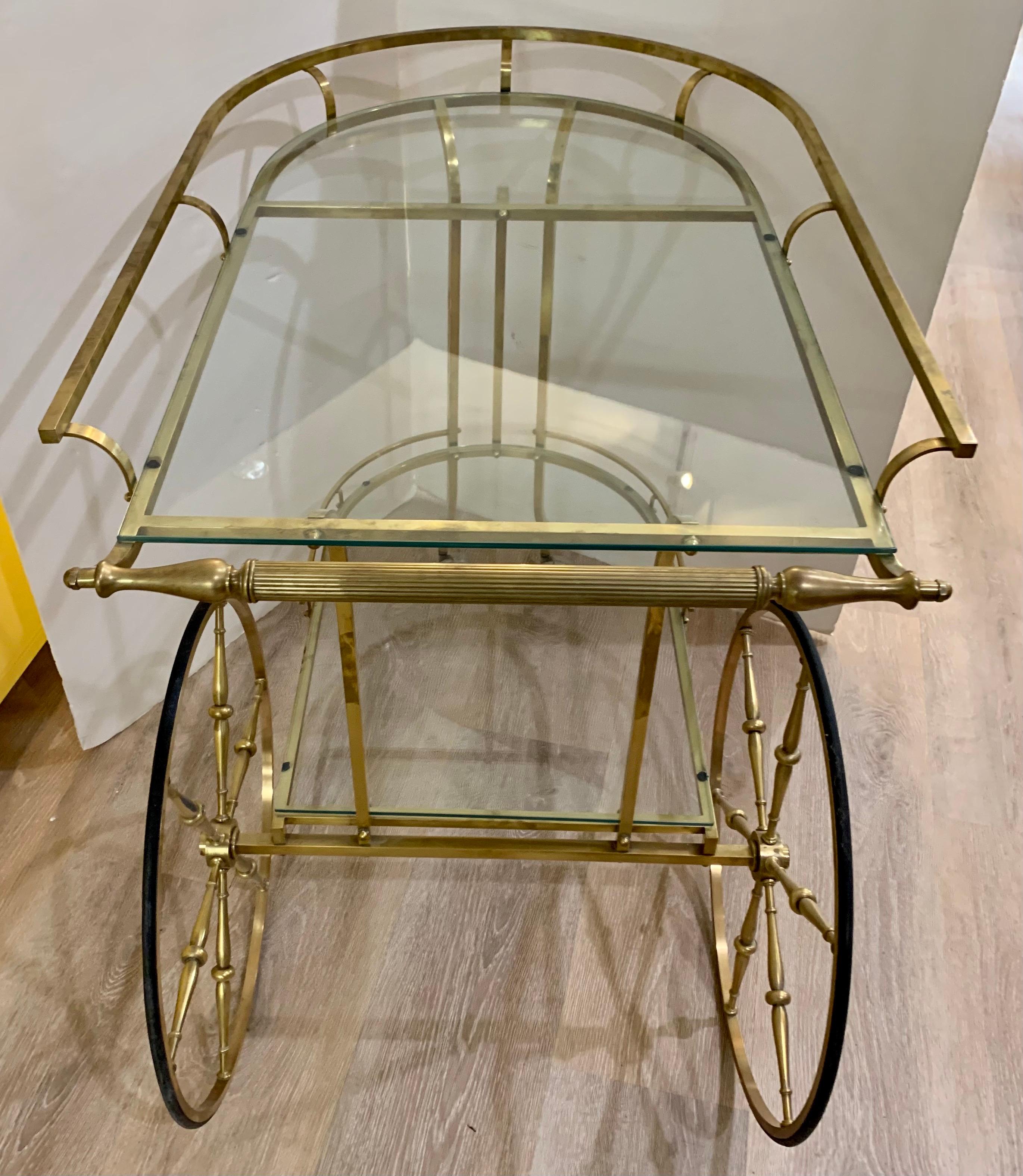 Mid-Century Modern Sleek Rolling Brass and Glass Two-Tier Bar Cart Barcart 4