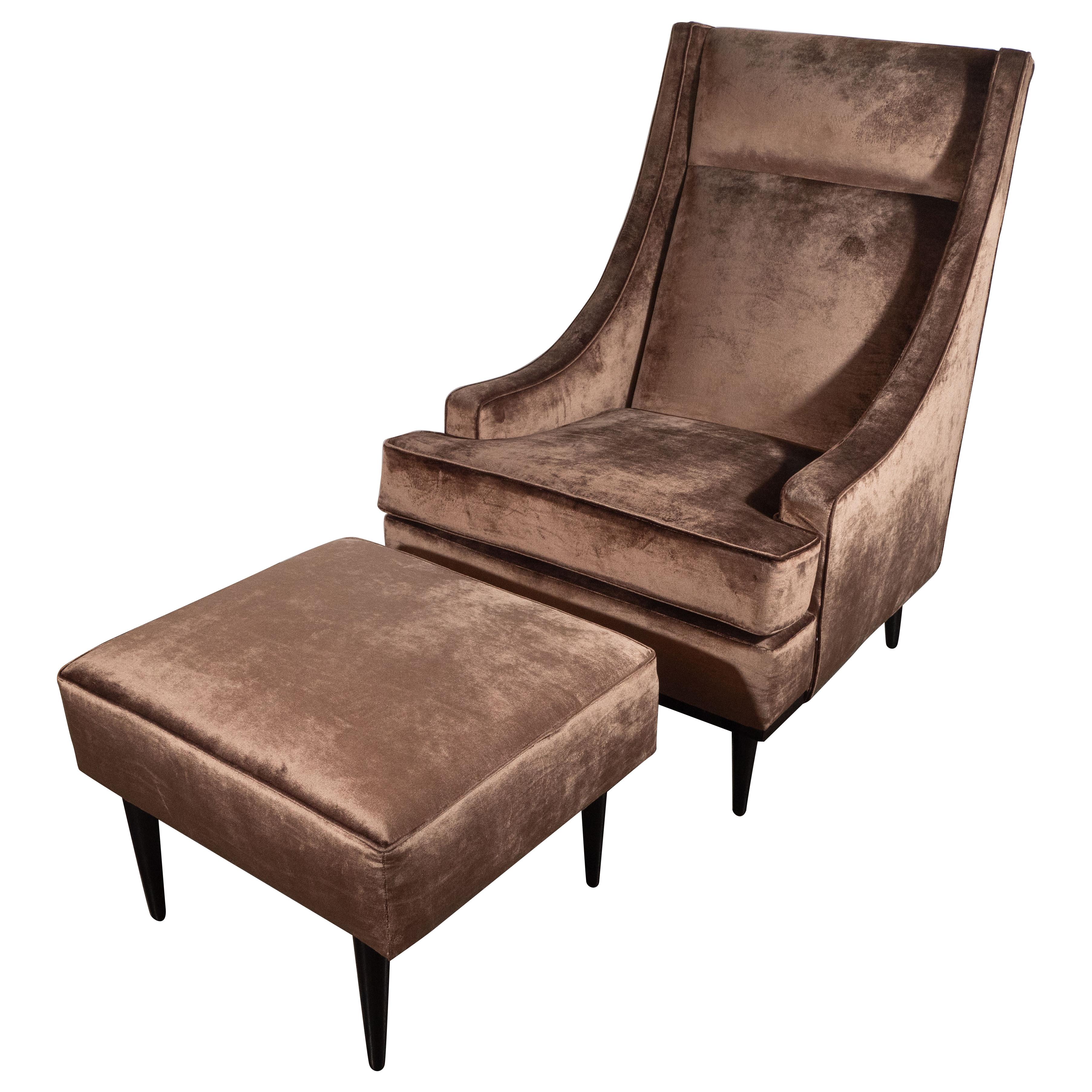 Mid-Century Modern Sleigh Back High Chair and Ottoman in Smoked Bronze Velvet