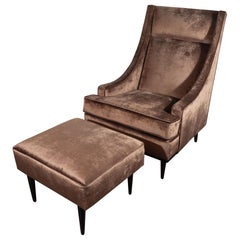 Mid-Century Modern Sleigh Back High Chair and Ottoman in Smoked Bronze Velvet