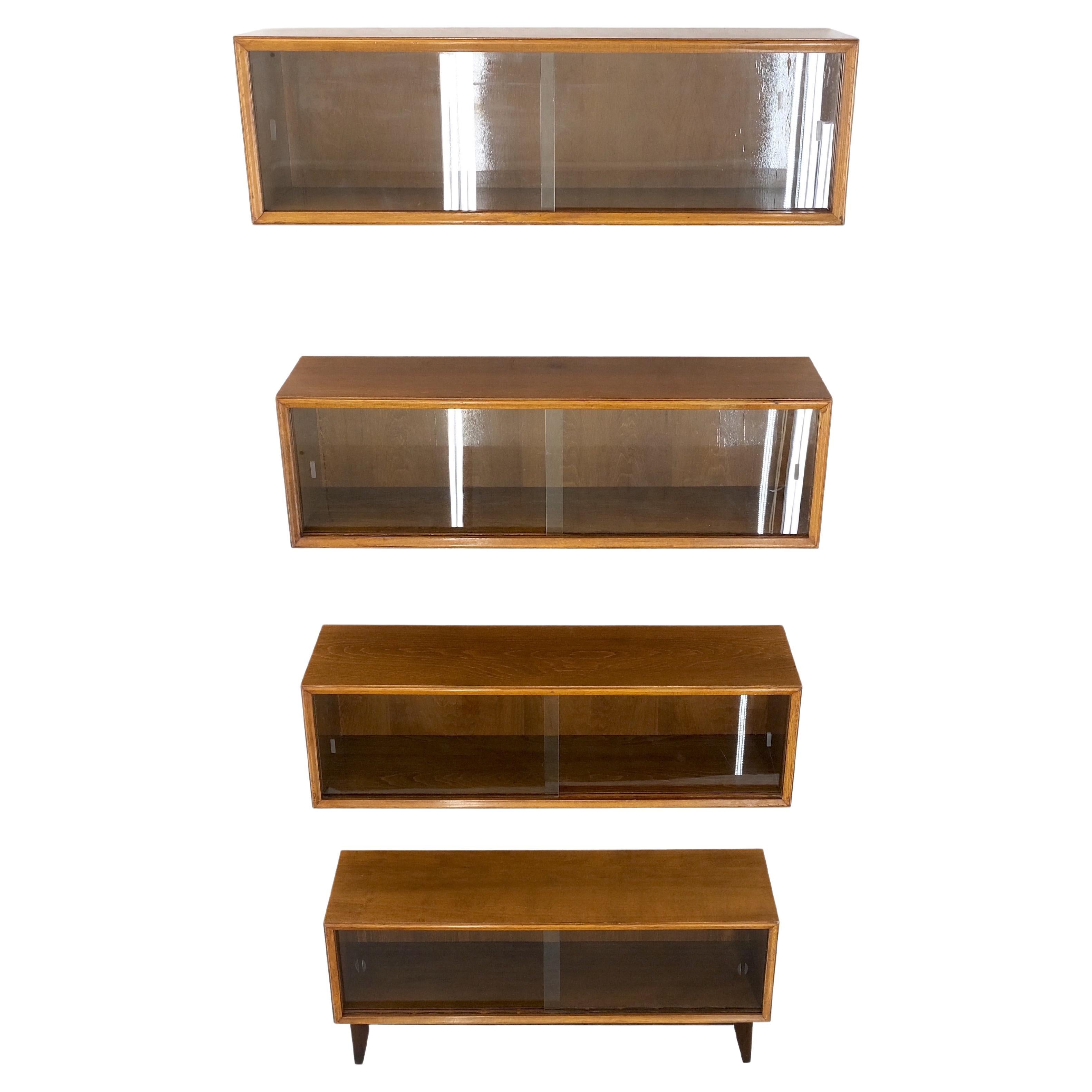 Mid-Century Modern Sliding Glass Doors 4 Bays Stacking or Hanging Bookcase For Sale