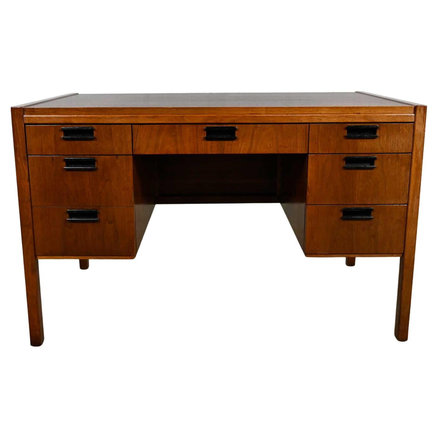 Mid-Century Modern Sligh Lowry Petite Walnut Veneer 6 Drawer Desk Cane Front