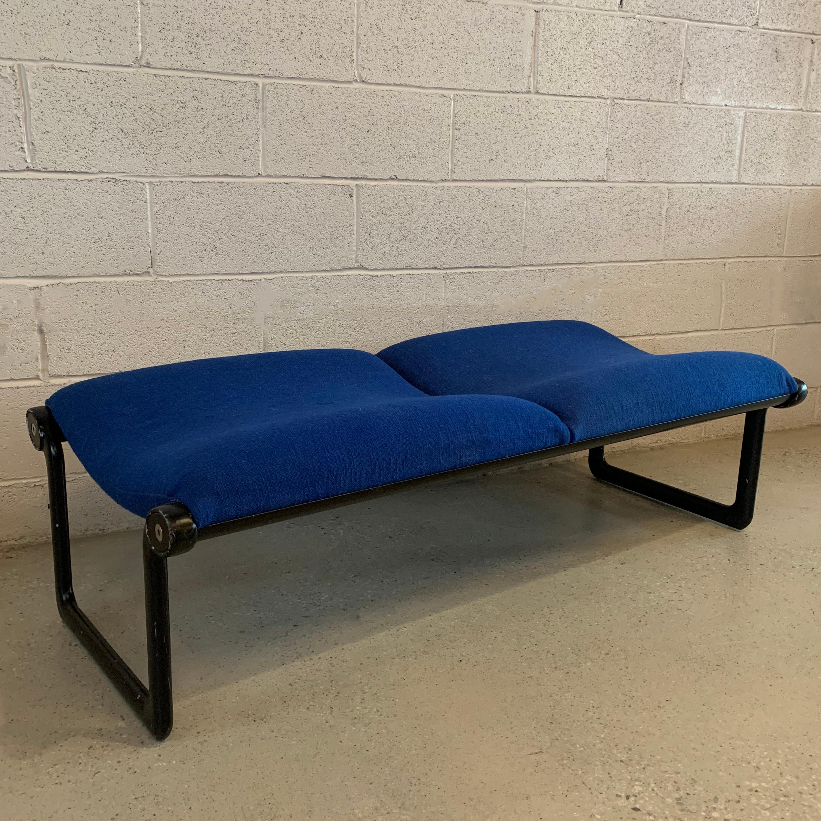Mid-Century Modern, sling bench by Bruce Hannah & Andrew Morrison for Knoll features original blue wool upholstery with a painted black steel sling frame.