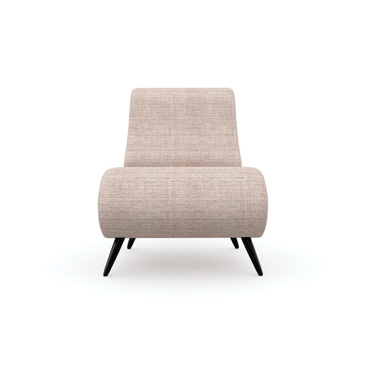 Mid-Century Modern slipper chair, bringing the beauty of nature indoors, this chair introduces a relaxed, yet refined style in a mix of organic textures and materials. Inspired by a woven bamboo chair seen while traveling in New Zealand, it features