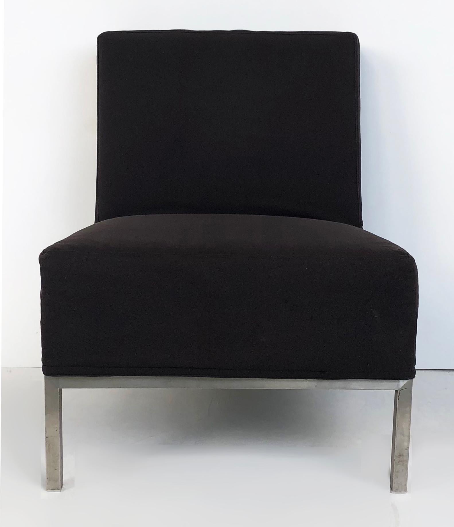 Mid-Century Modern slipper chairs on stainless steel frames, pair

Offered for sale is an overscale pair of Mid-Century Modern upholstered slipper chairs with stainless steel frames. These comfortable sleek modern chairs are upholstered with
