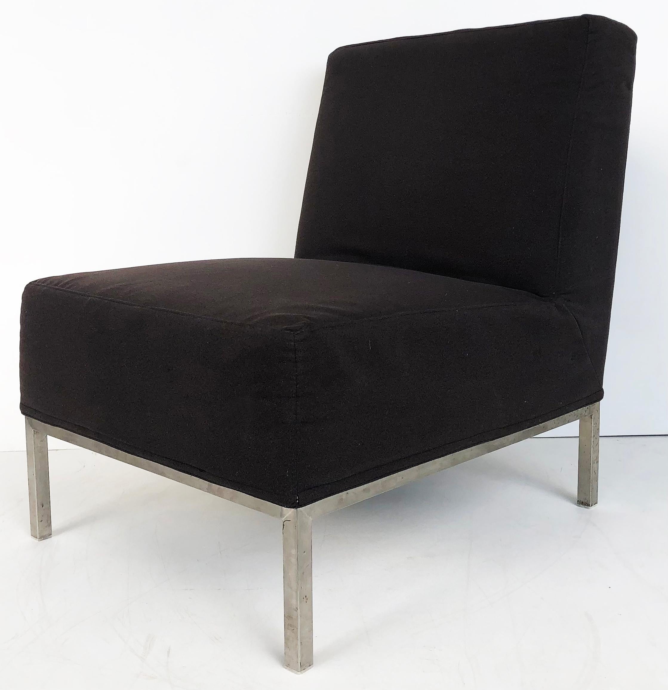 American Mid-Century Modern Slipper Chairs on Stainless Steel Frames, Pair For Sale