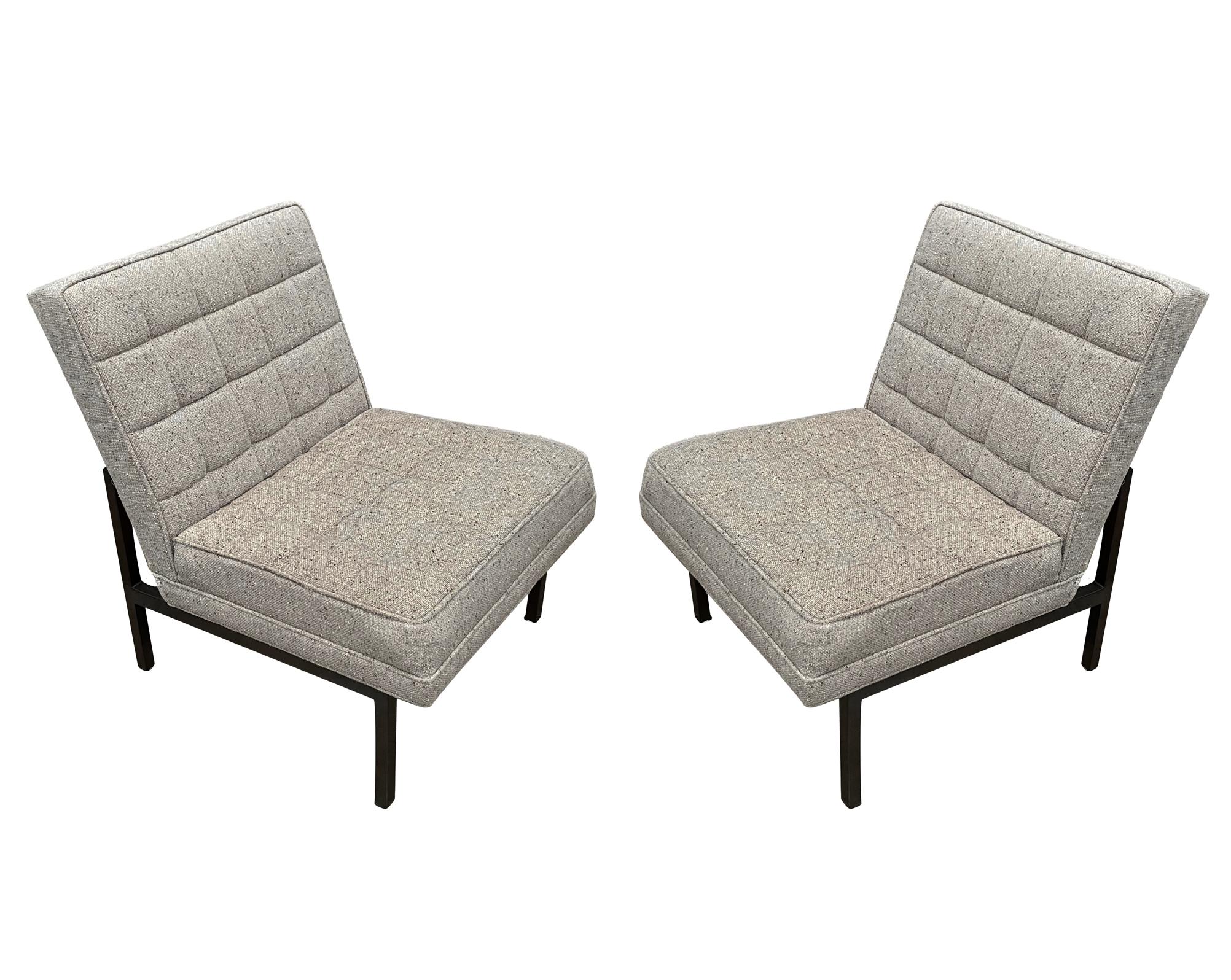 Late 20th Century Mid-Century Modern Slipper Lounge Chairs in Grey Tweed with Bronze Frames For Sale
