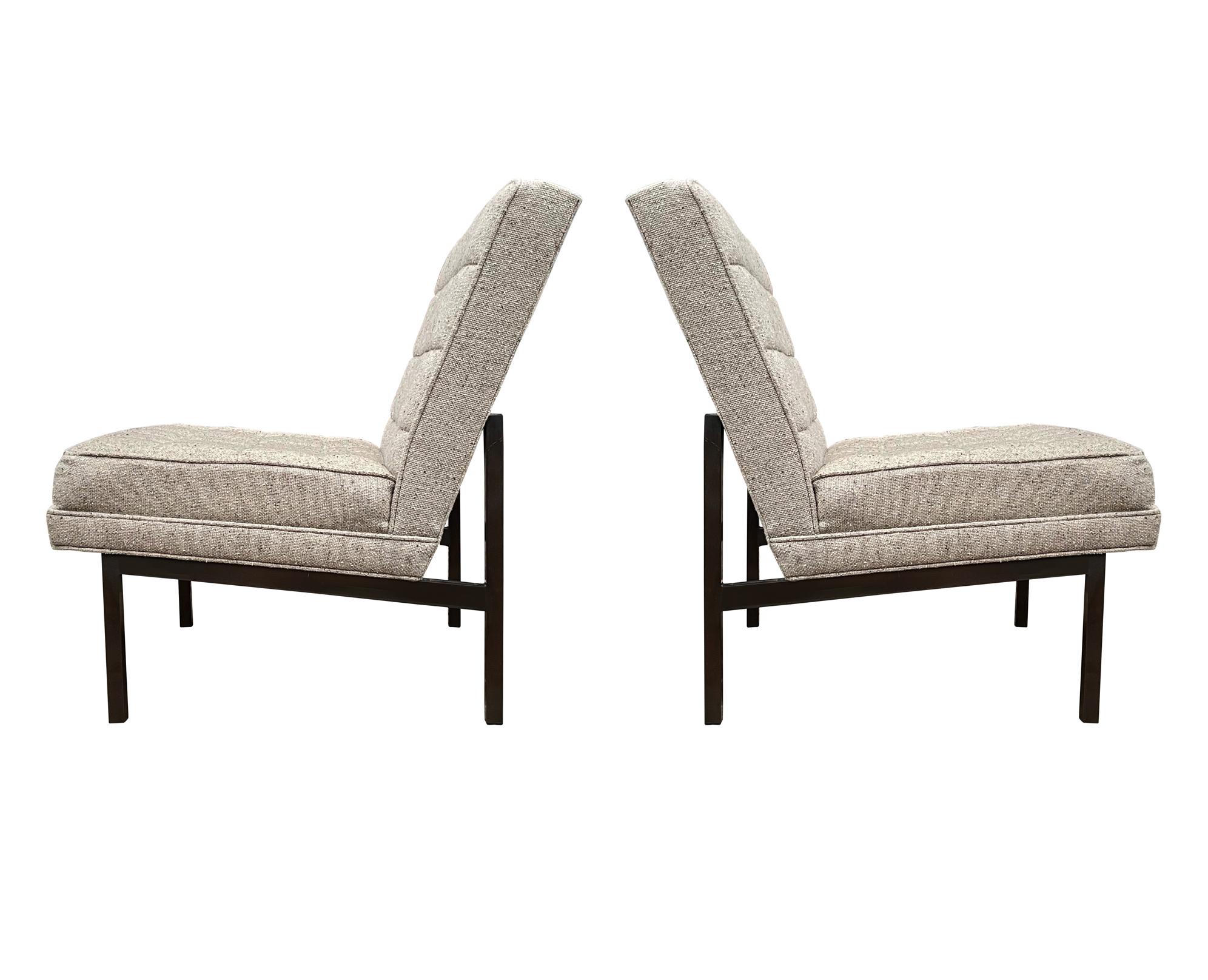 Mid-Century Modern Slipper Lounge Chairs in Grey Tweed with Bronze Frames For Sale 2