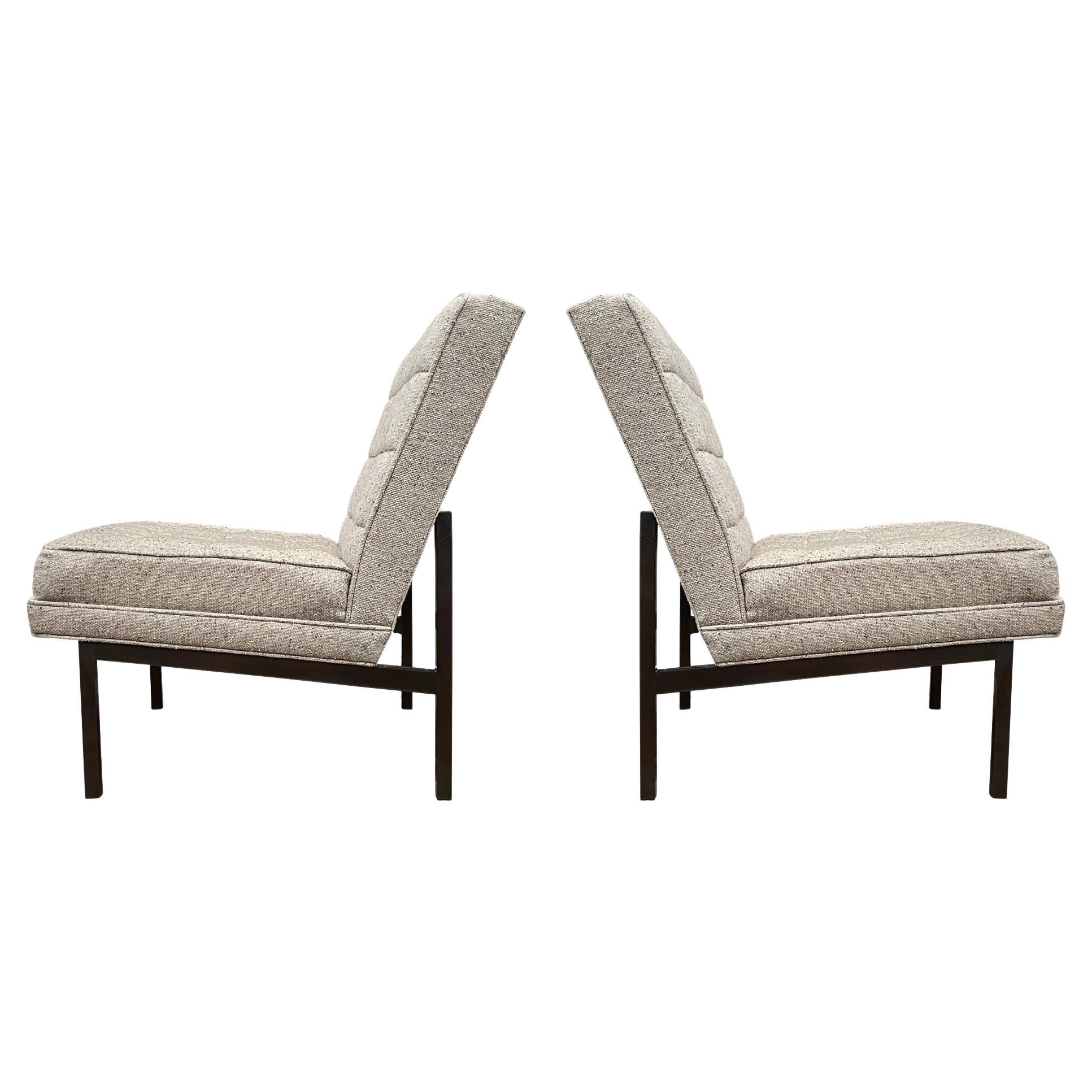 Mid-Century Modern Slipper Lounge Chairs in Grey Tweed with Bronze Frames