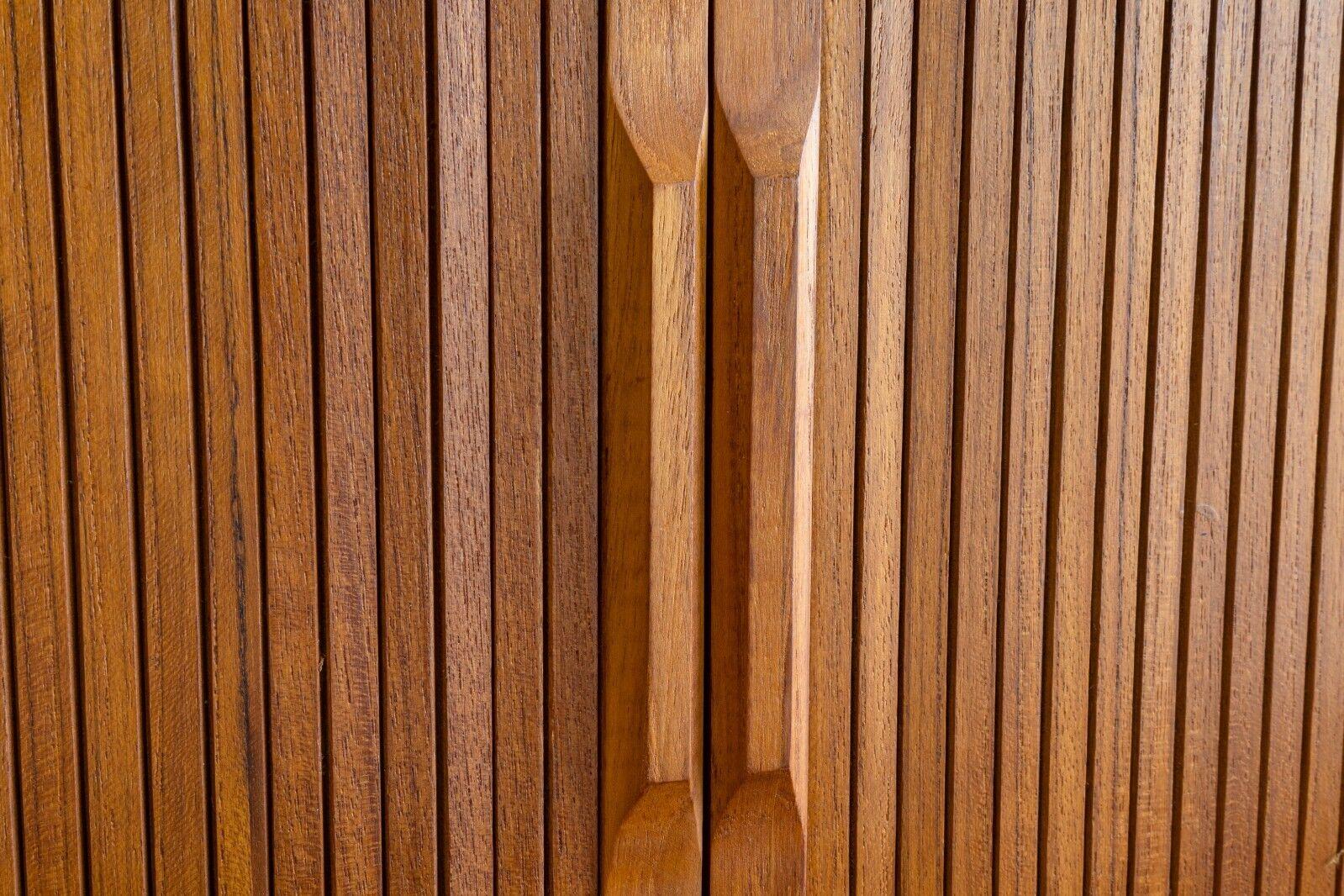 Mid Century Modern Small Danish Teak Wood Tambour Door Cabinet In Good Condition In Keego Harbor, MI