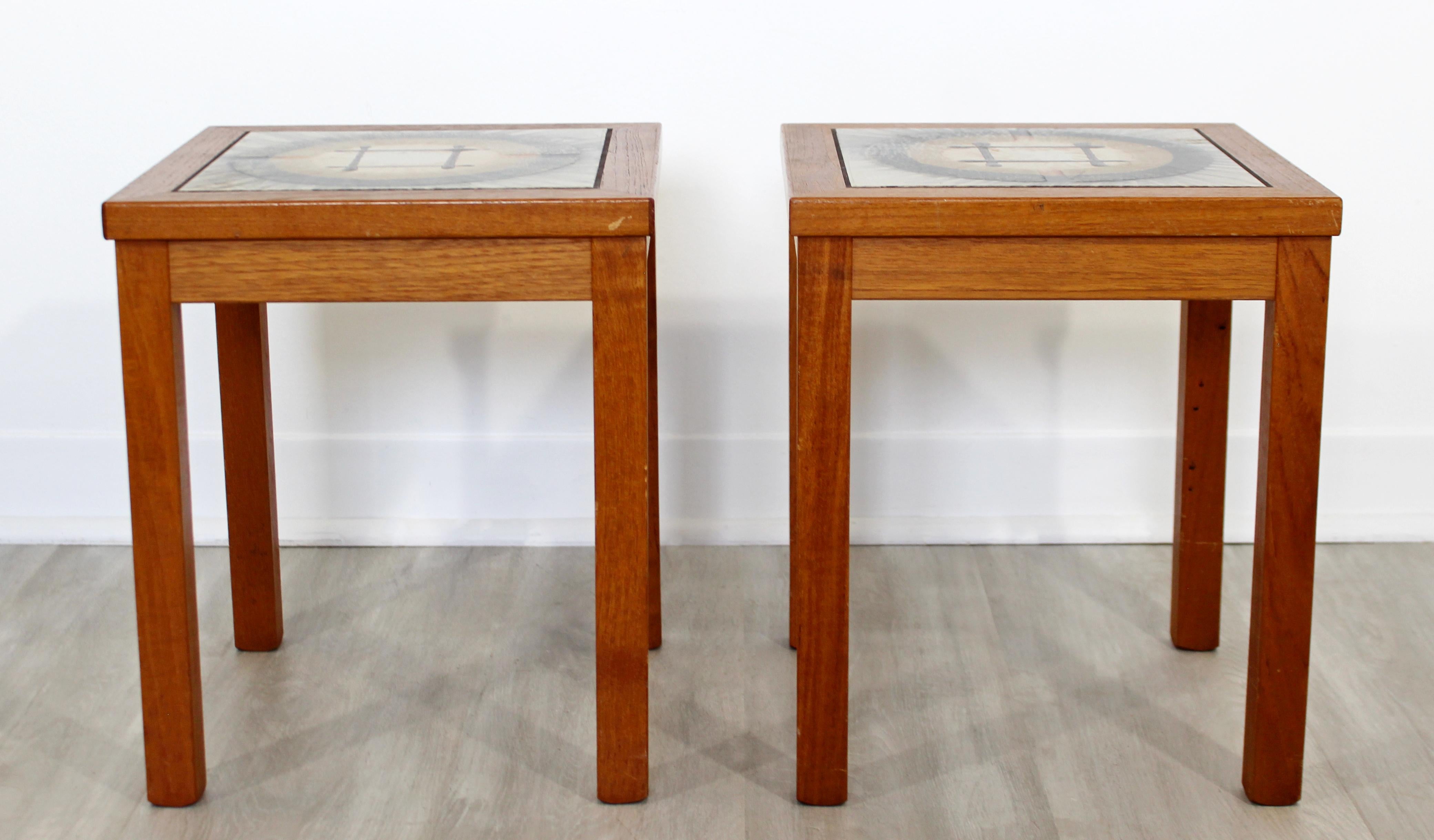 For your consideration is a wonderful pair of teak side or end tables, with tile tops, made in Denmark, circa 1960s. In very good vintage condition. The dimensions are 13