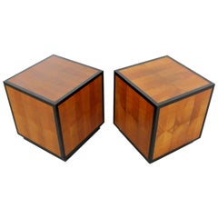 Mid-Century Modern Small Pair of Square Wood Framed Cube Side End Tables, 1960s