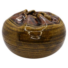 Mid-Century Modern Small Round Glazed Brown Draped Ceramic Pot or Vase in Brown