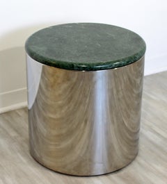 Mid-Century Modern Small Round Green Marble Top Chrome Drum Side End Table 1970s