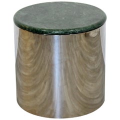 Mid-Century Modern Small Round Green Marble Top Chrome Drum Side End Table 1970s