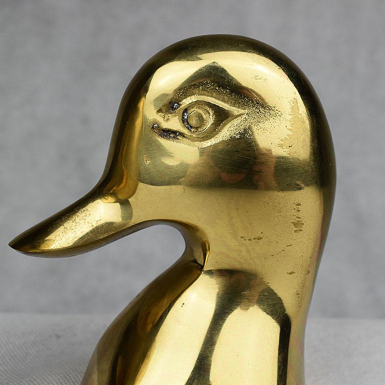 Korean Mid-Century Modern Small Shiny Brass Mallard Duck Head Bookends, a Pair