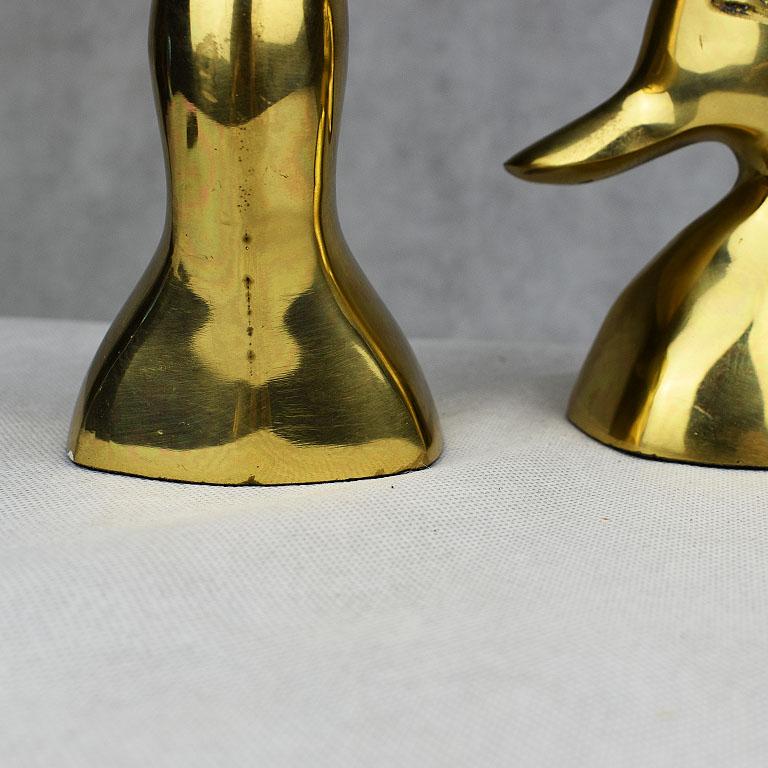 Mid-Century Modern Small Shiny Brass Mallard Duck Head Bookends, a Pair In Good Condition In Oklahoma City, OK