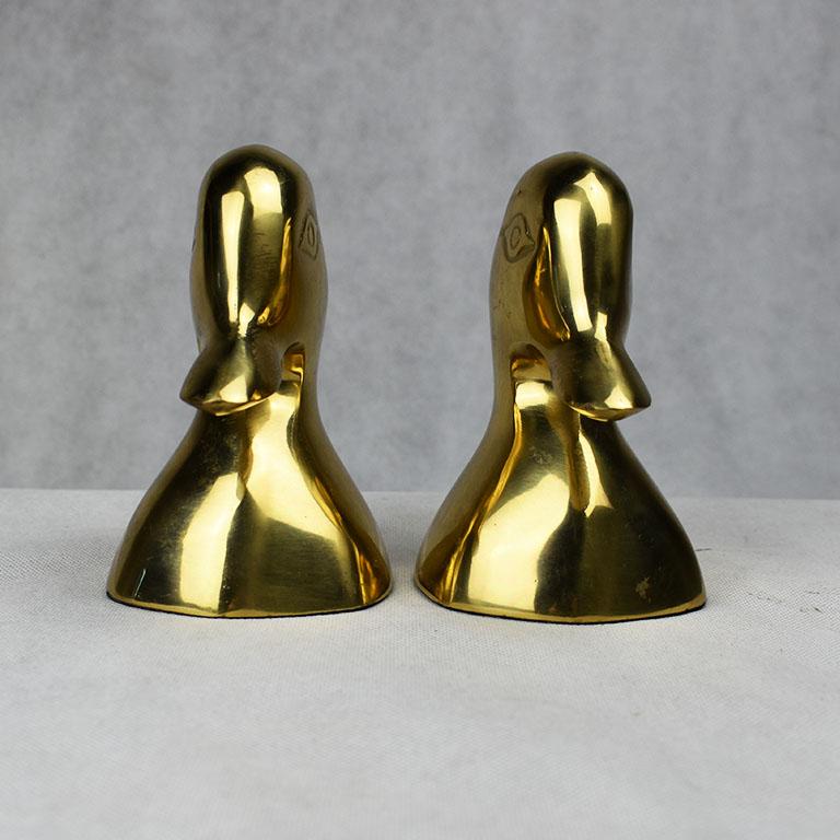 20th Century Mid-Century Modern Small Shiny Brass Mallard Duck Head Bookends, a Pair