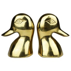 Mid-Century Modern Small Shiny Brass Mallard Duck Head Bookends, a Pair