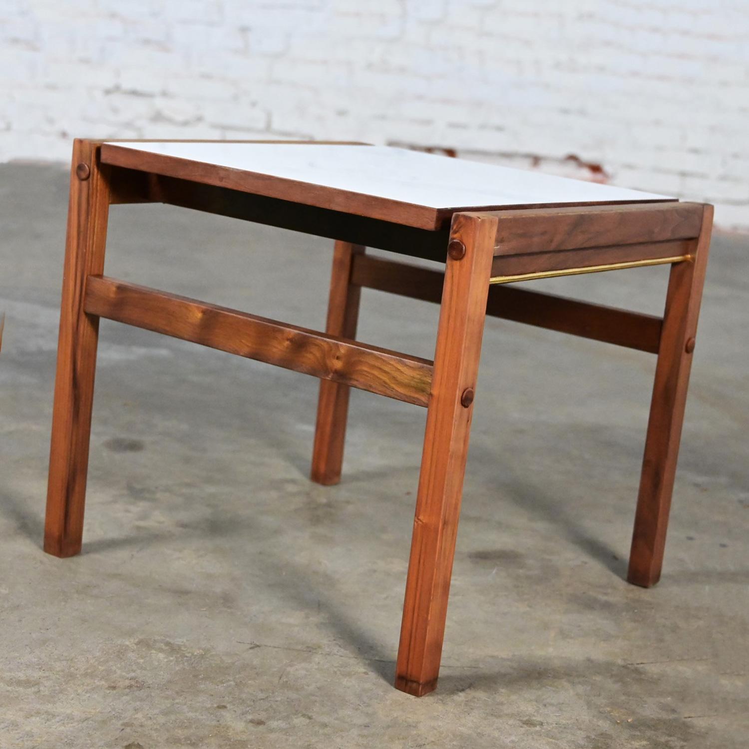 Mid Century Modern Small Square Side Table Teak with White Laminate Top For Sale 3