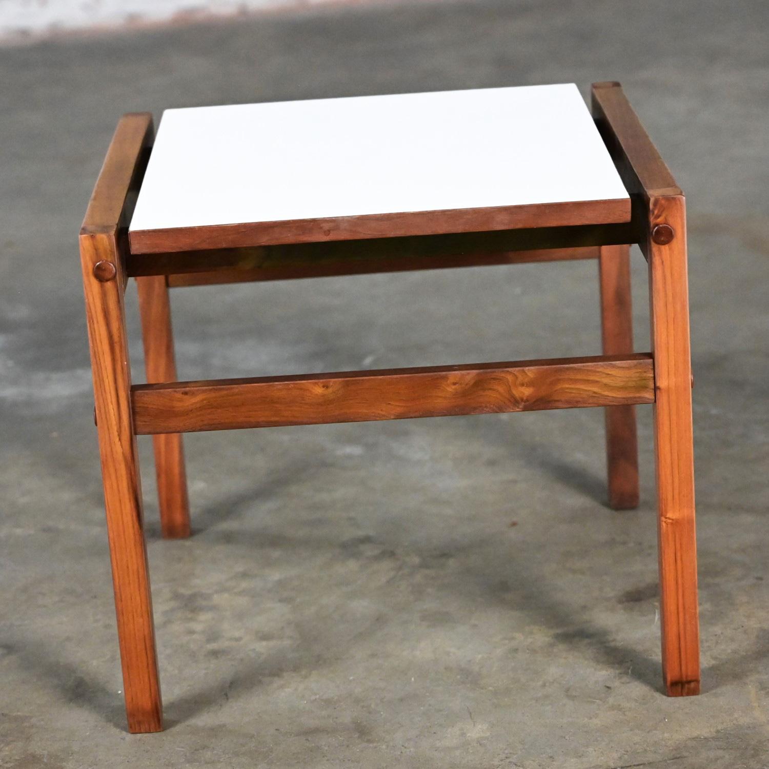 Mid Century Modern Small Square Side Table Teak with White Laminate Top For Sale 6
