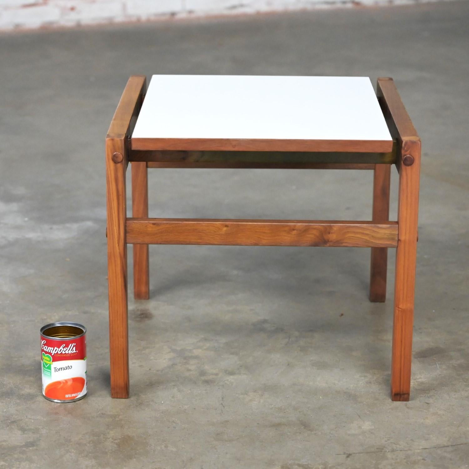 Mid Century Modern Small Square Side Table Teak with White Laminate Top  For Sale 7