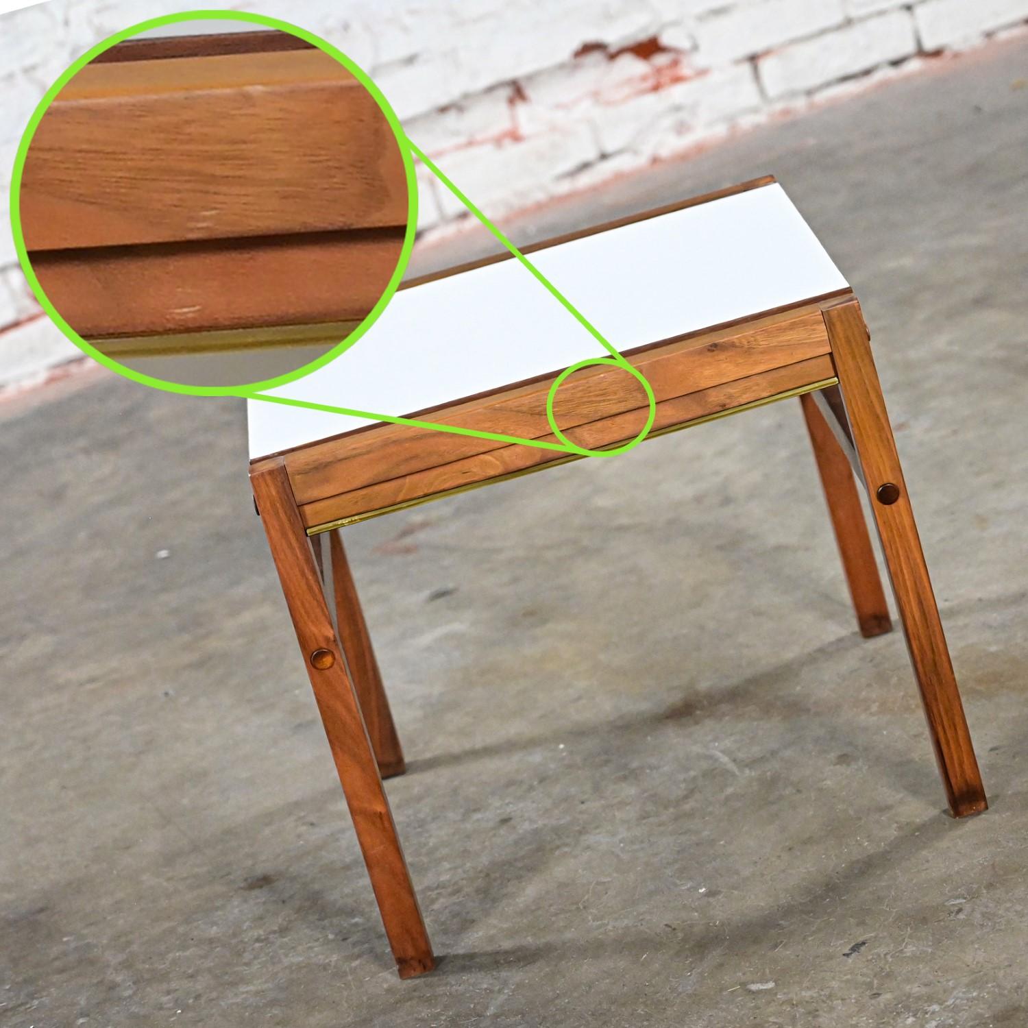 Mid Century Modern Small Square Side Table Teak with White Laminate Top For Sale 9