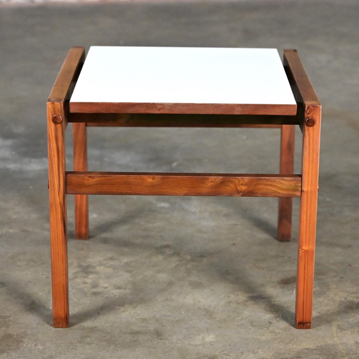 Mid Century Modern Small Square Side Table Teak with White Laminate Top For Sale 10