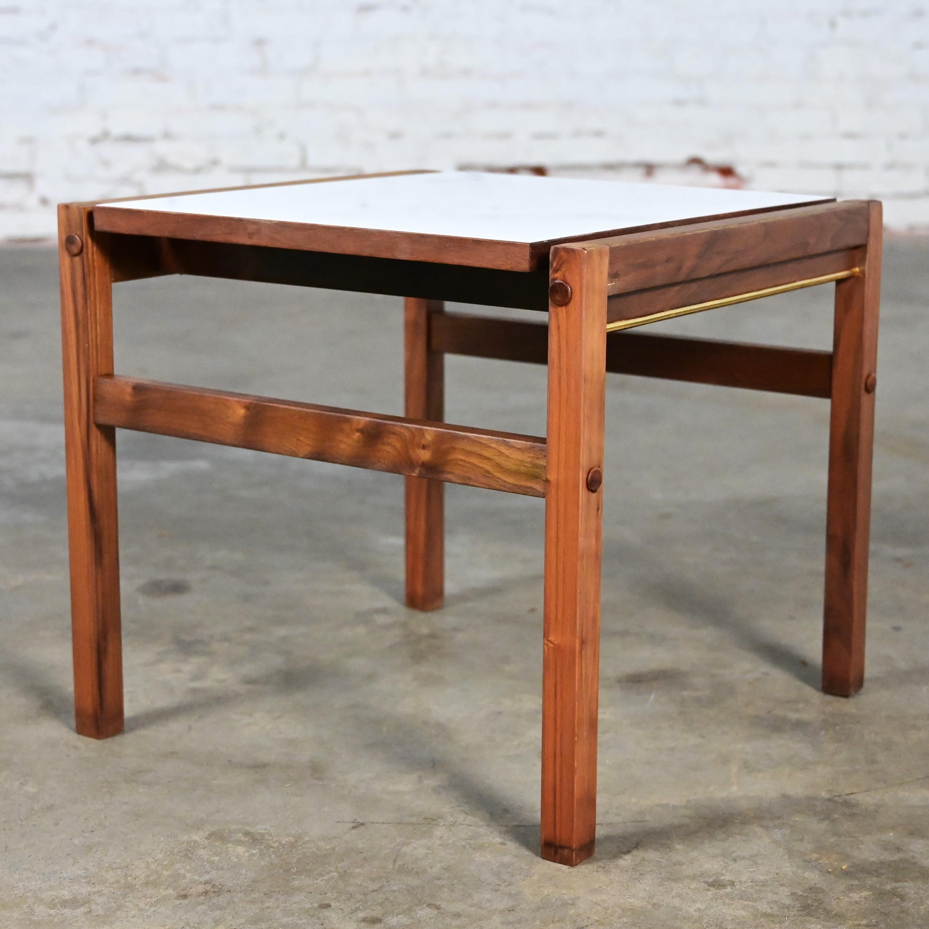 Mid Century Modern Small Square Side Table Teak with White Laminate Top For Sale 11