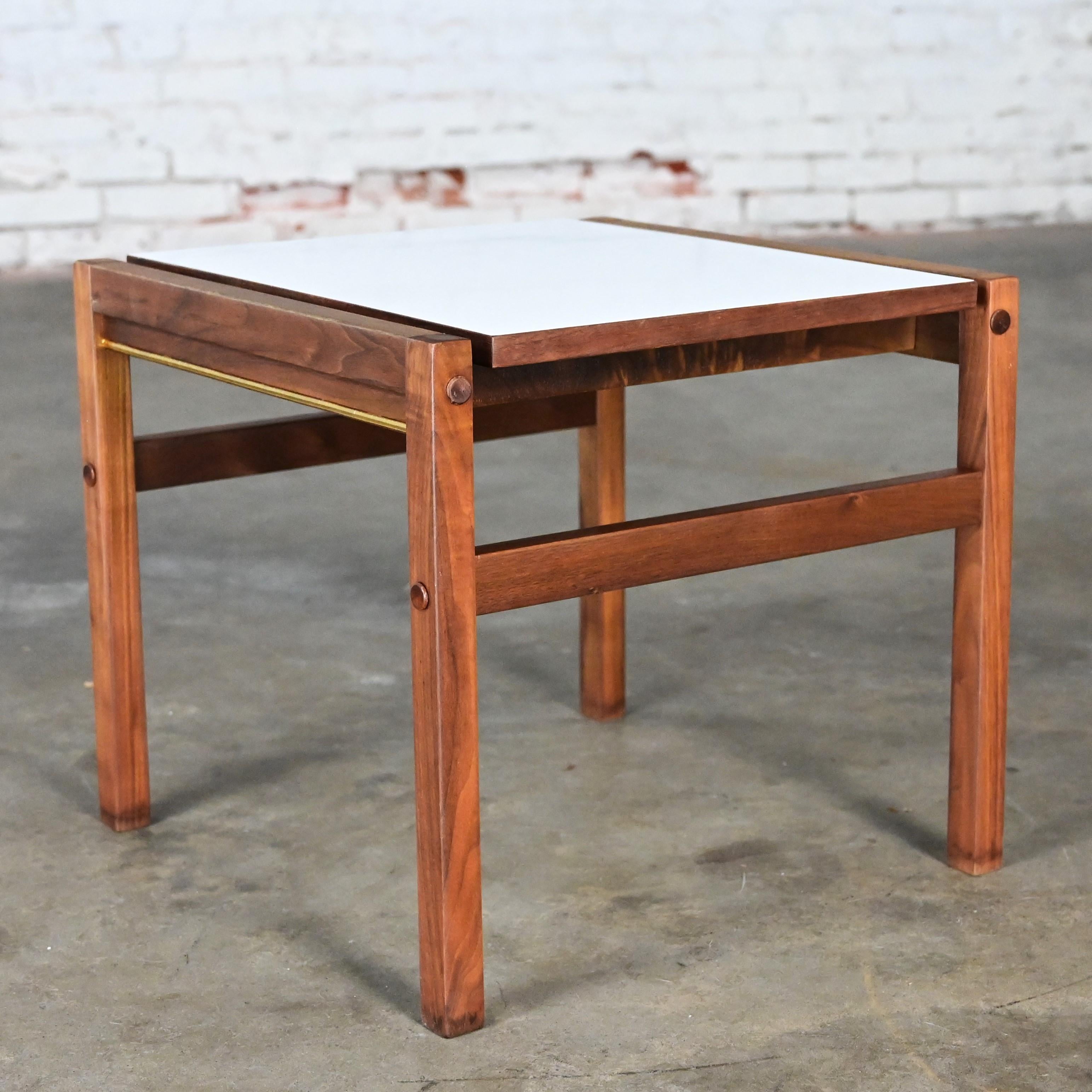 Mid Century Modern Small Square Side Table Teak with White Laminate Top  For Sale 12