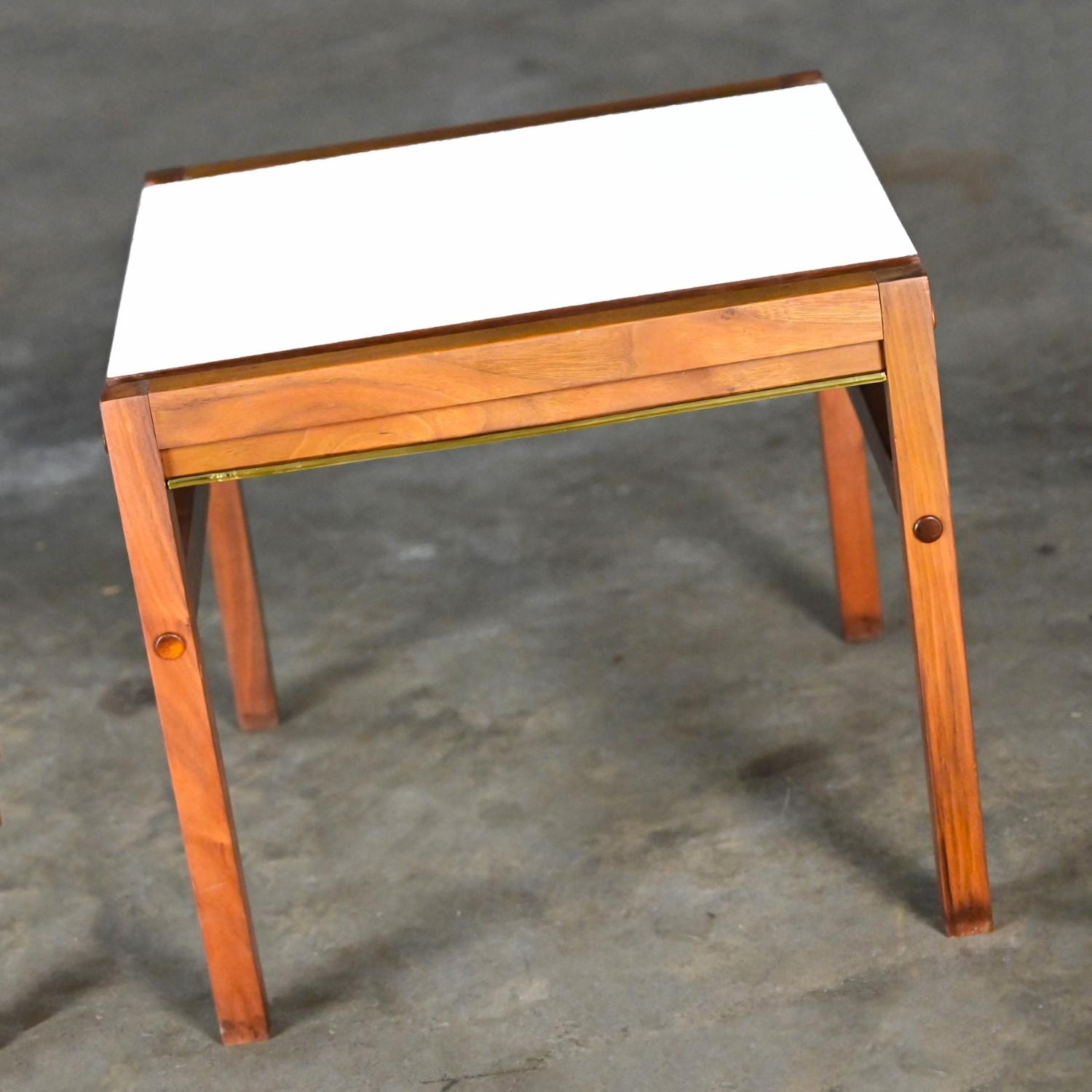 Unknown Mid Century Modern Small Square Side Table Teak with White Laminate Top For Sale