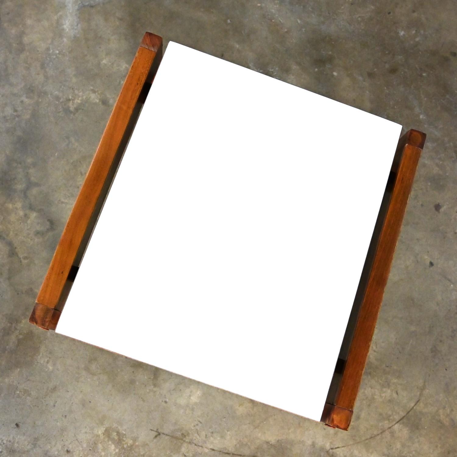 20th Century Mid Century Modern Small Square Side Table Teak with White Laminate Top For Sale