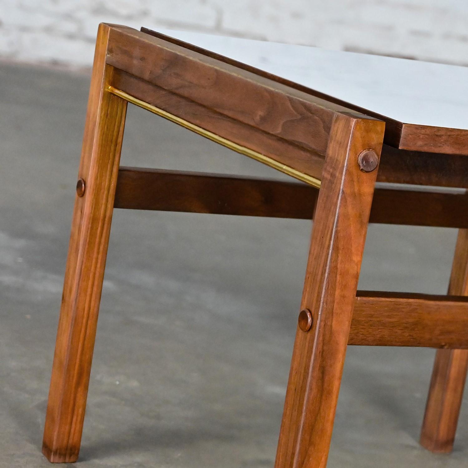 Plastic Mid Century Modern Small Square Side Table Teak with White Laminate Top  For Sale