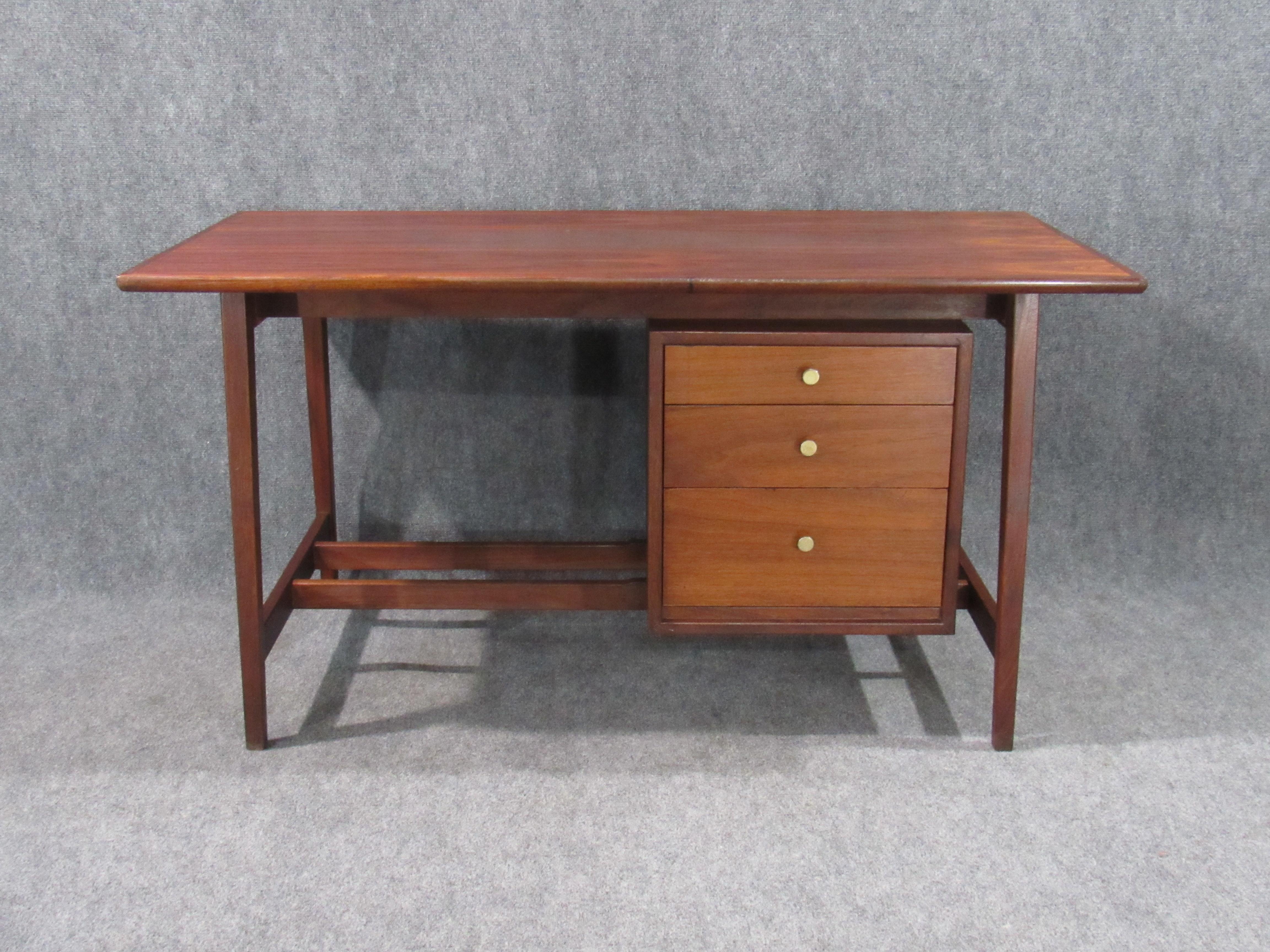 American Mid-Century Modern Small Walnut Desk with Round Pulls For Sale