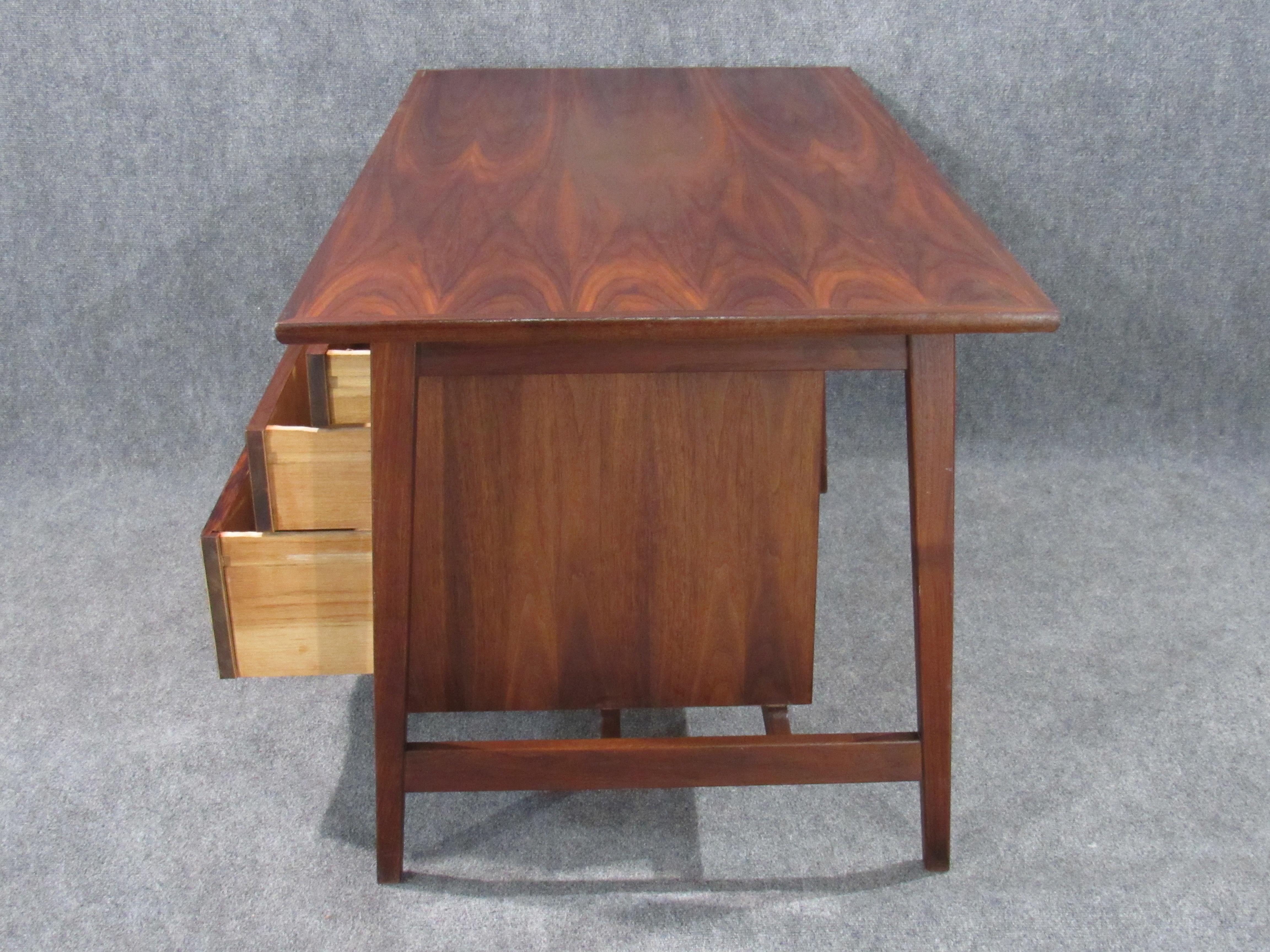 Mid-Century Modern Small Walnut Desk with Round Pulls In Good Condition For Sale In Belmont, MA