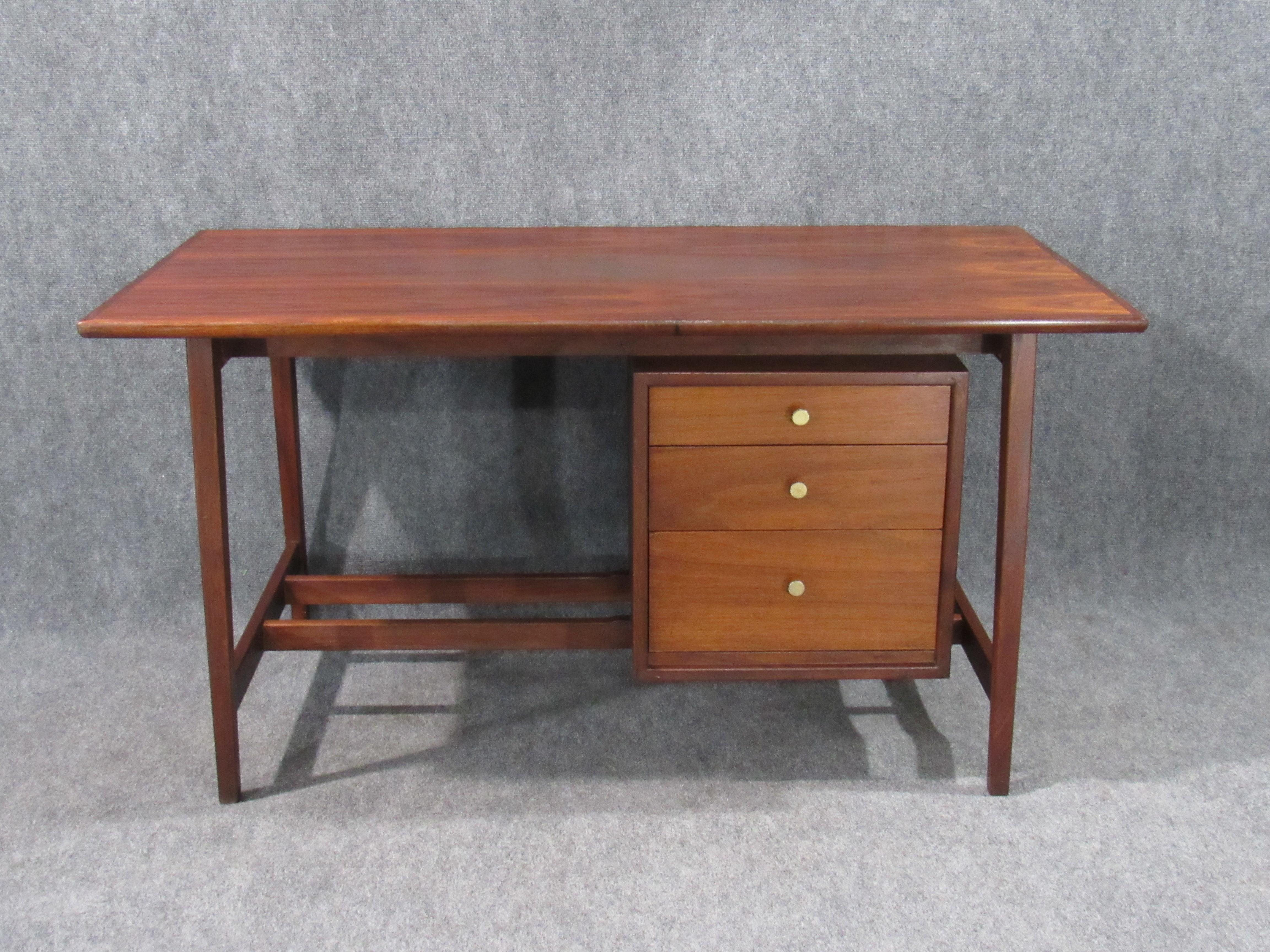 Mid-Century Modern Small Walnut Desk with Round Pulls In Good Condition In Belmont, MA