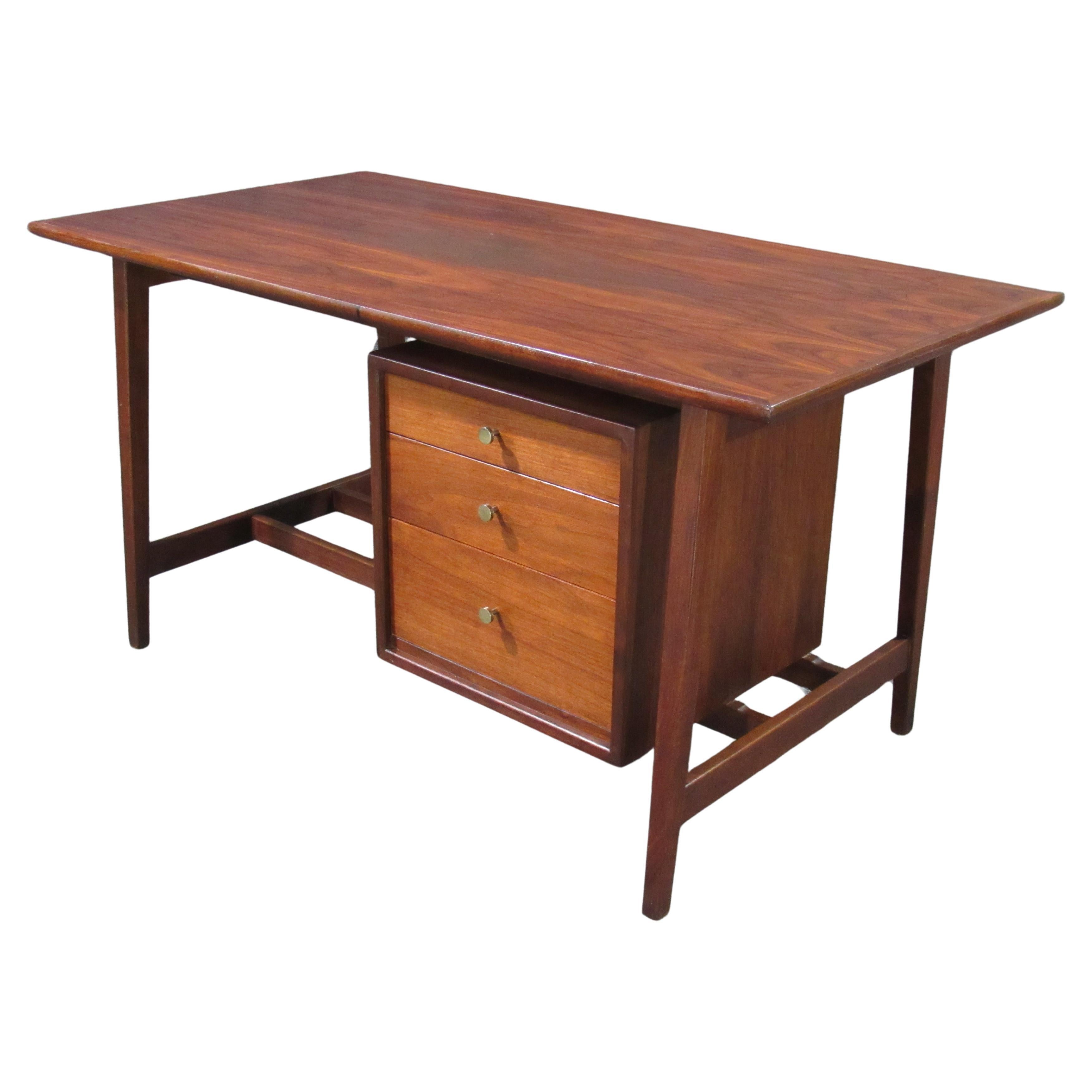 Mid-Century Modern Small Walnut Desk with Round Pulls For Sale