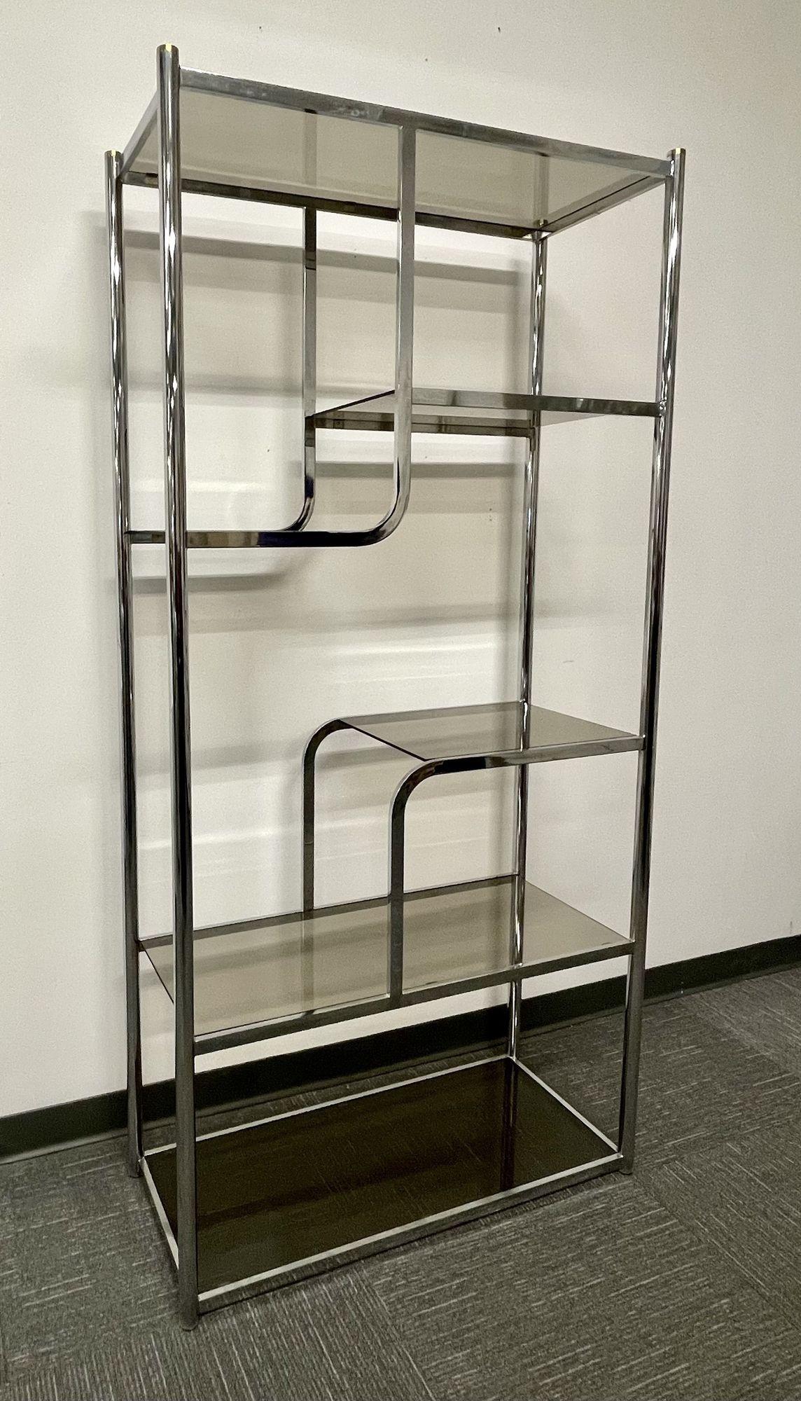 20th Century Mid-Century Modern Smoke Glass and Chrome Etagere, Bookcase, Wall Unit