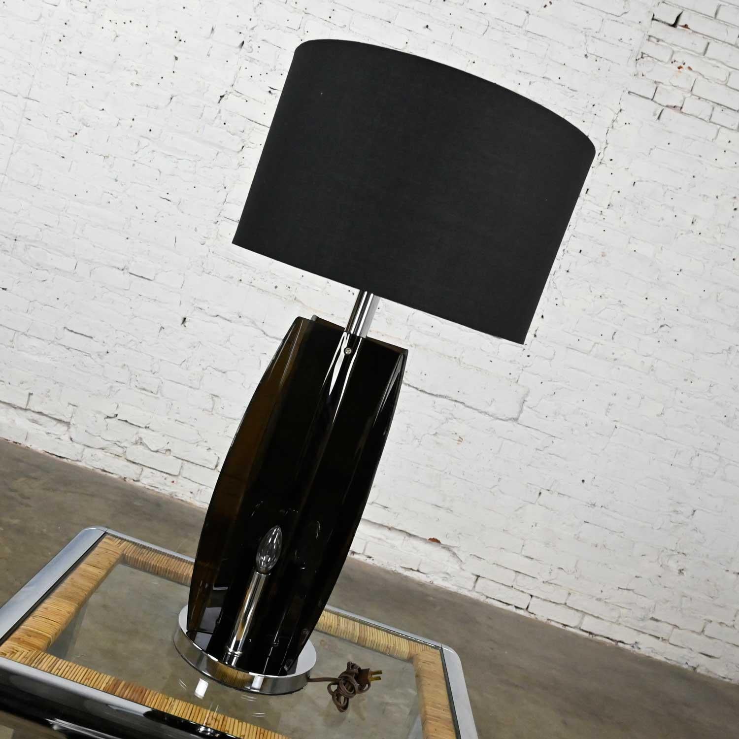 Unknown Mid-Century Modern Smoke Gray/Grey Lucite Chrome Table Lamp New Black Drum Shade For Sale