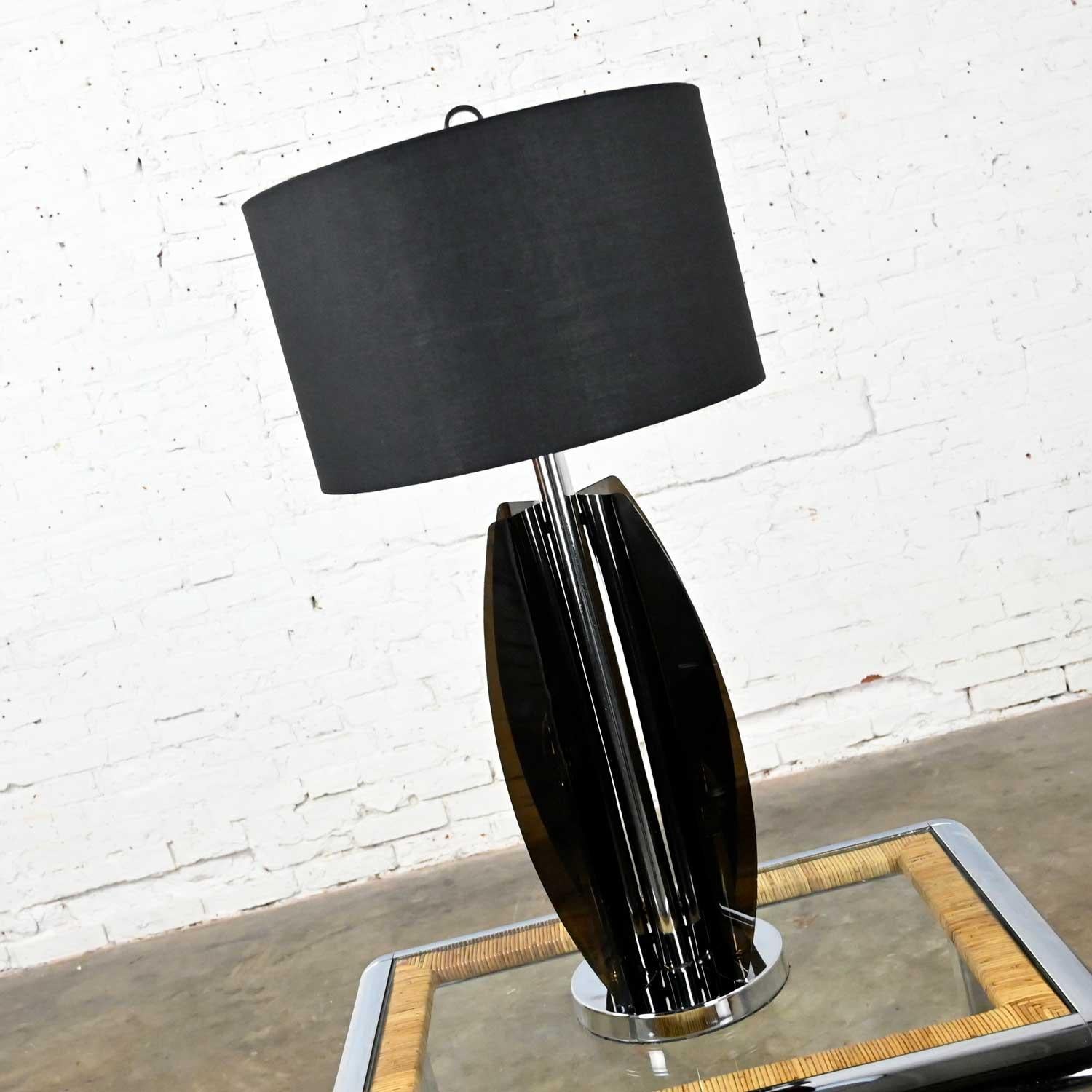 Fabric Mid-Century Modern Smoke Gray/Grey Lucite Chrome Table Lamp New Black Drum Shade For Sale