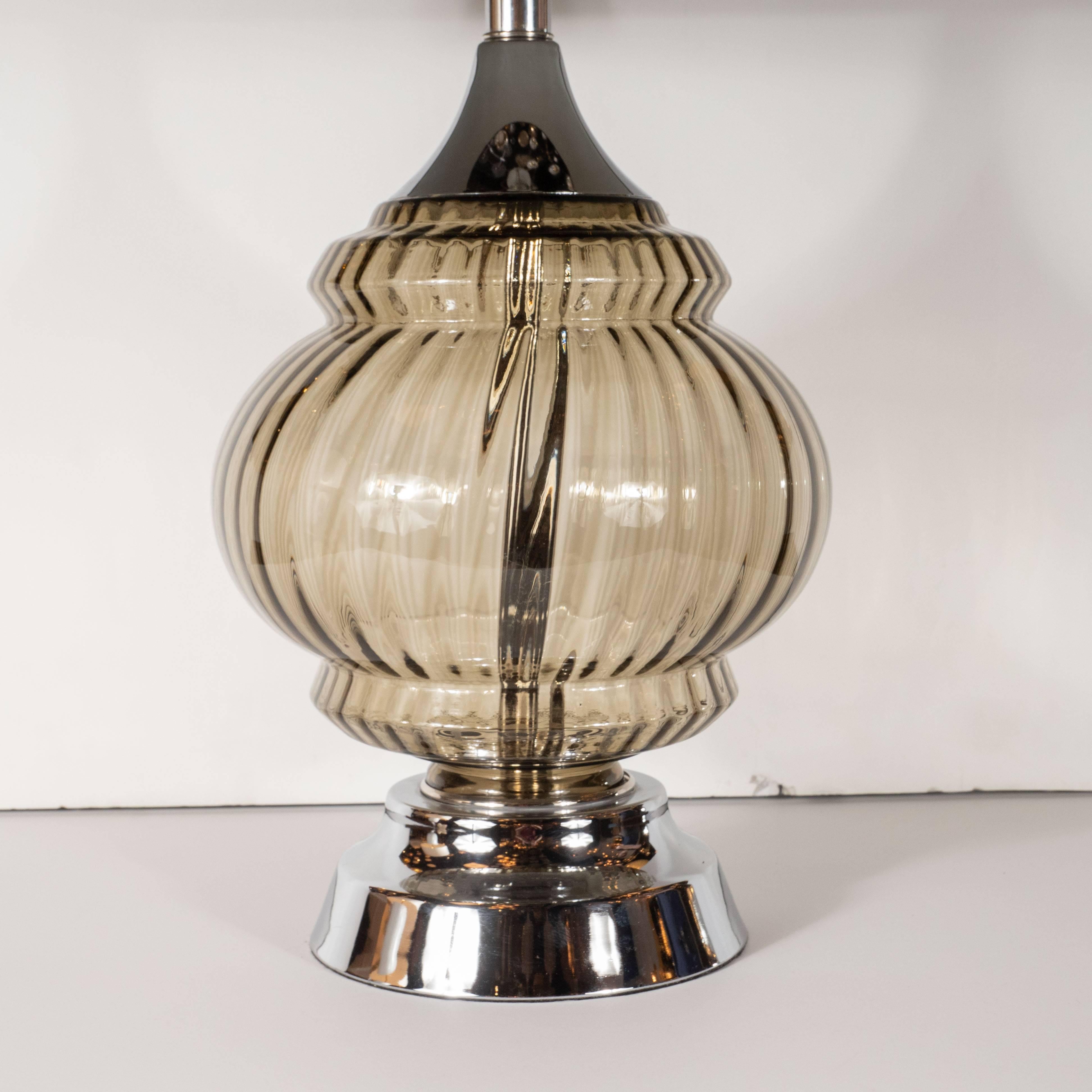 Mid-20th Century Mid-Century Modern Smoked and Ribbed Glass Table Lamp with Chrome Fittings For Sale